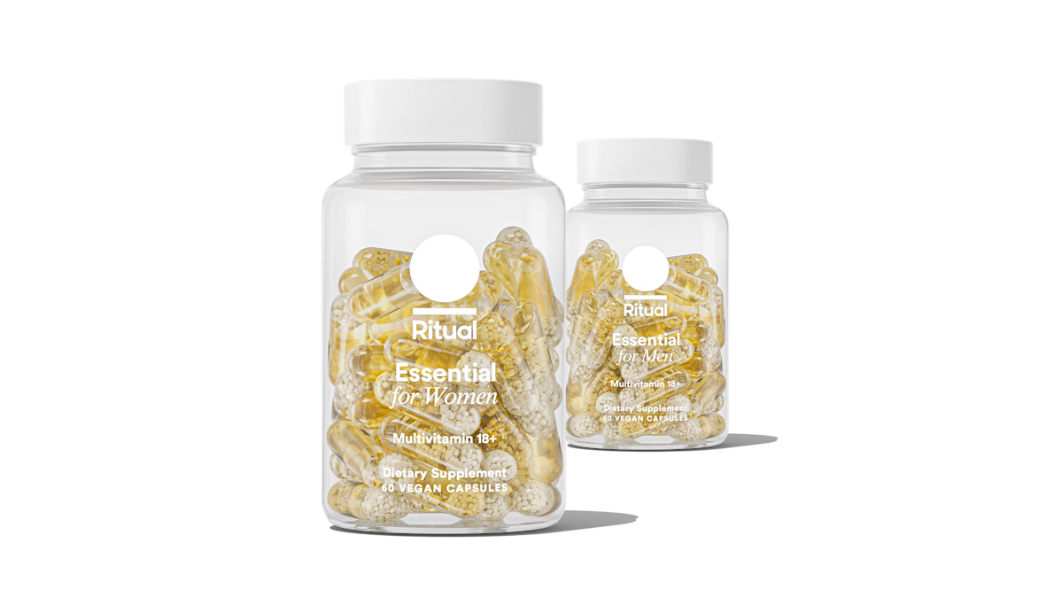 Bottles of Essential for Women 18+ and Essential for Men 18+ on a transparent background.