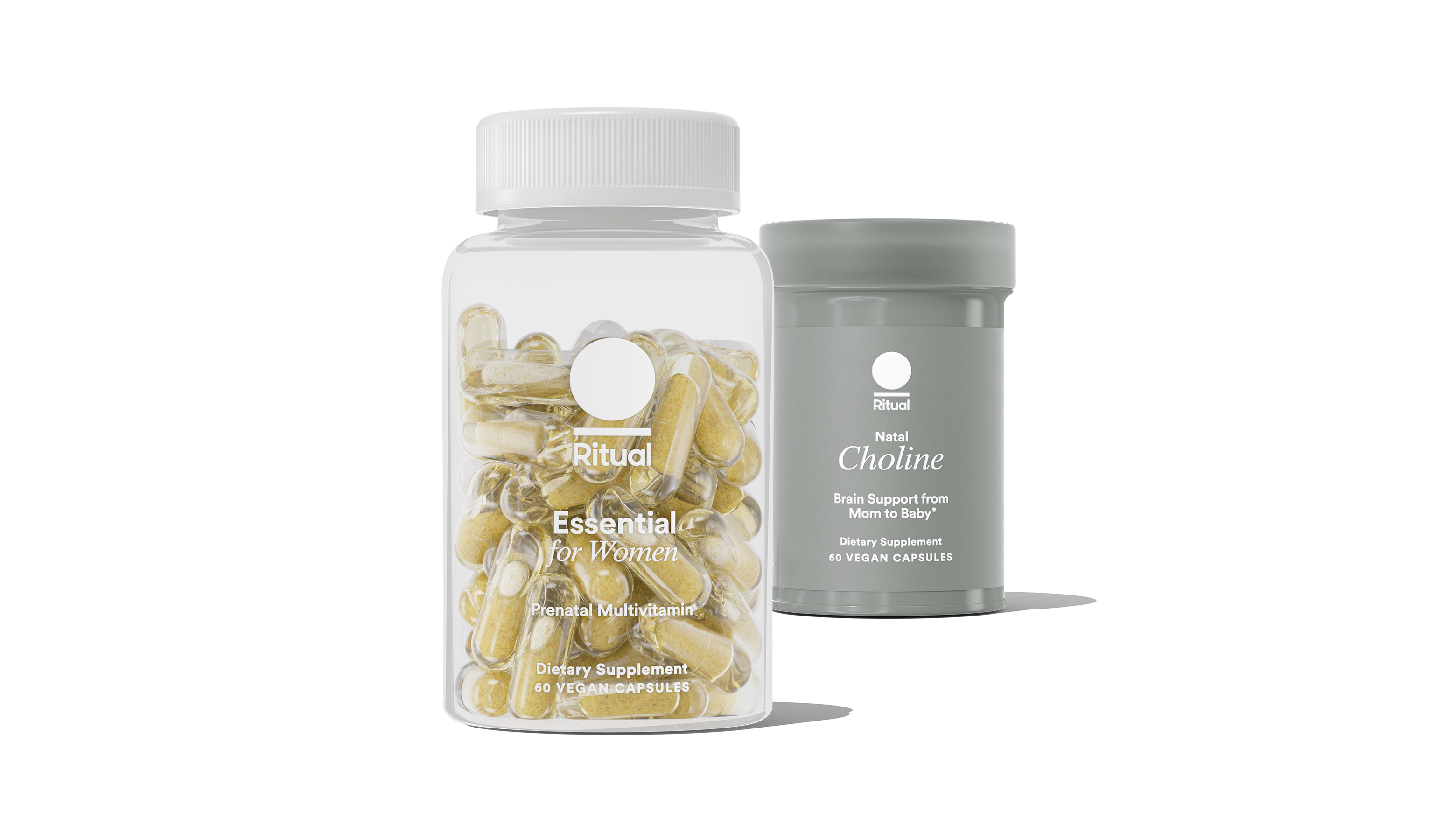 Bottle of Essential Prenatal and bottle of Natal Choline on a transparent background. 