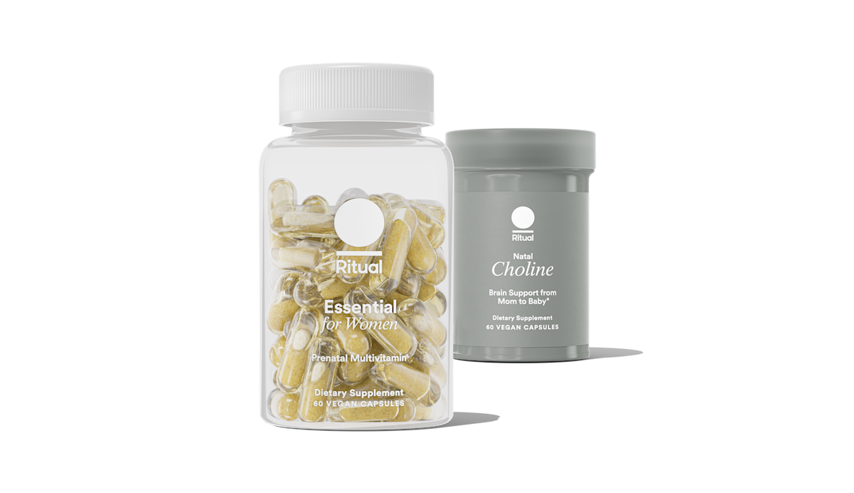 Bottle of Essential Prenatal and bottle of Natal Choline on a transparent background.