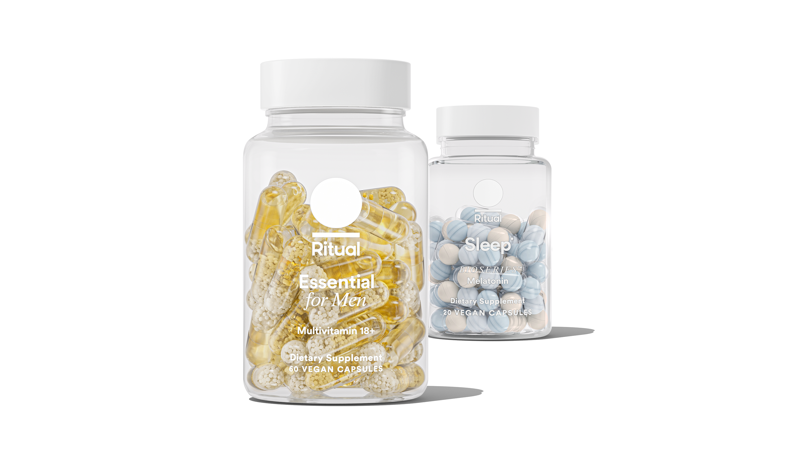 Bottles of Essential for Men 18+ and BioSeries™&nbsp;Melatonin on a transparent background. 