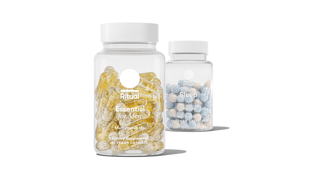 Bottles of Essential for Men 18+ and BioSeries™ Melatonin on a transparent background.