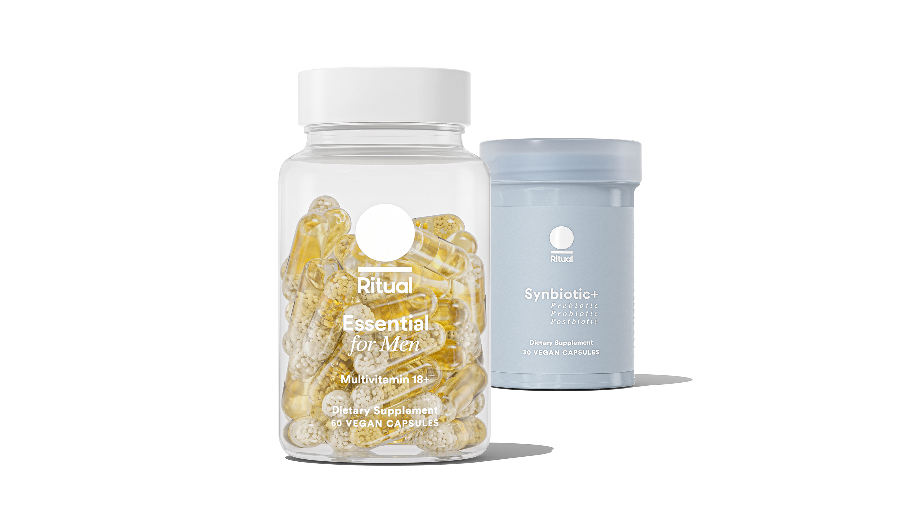 Bottles of Essential for Men 18+ and Synbiotic+ on a transparent background. 