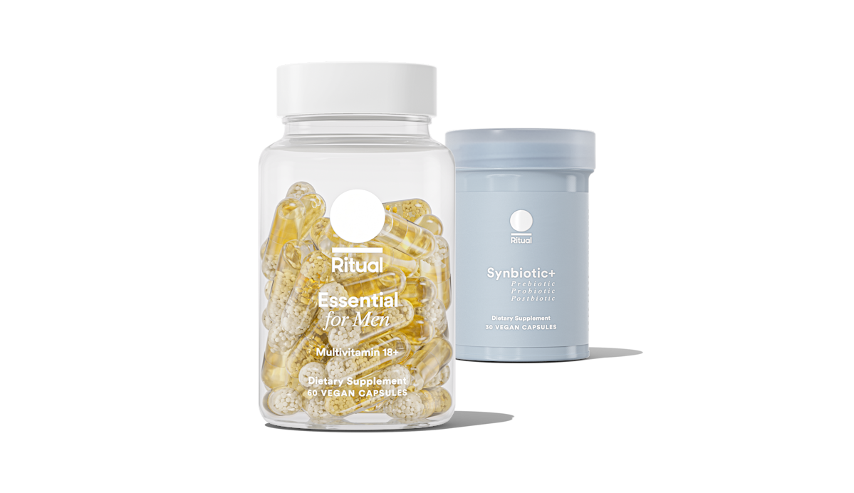 Bottles of Essential for Men 18+ and Synbiotic+ on a transparent background.