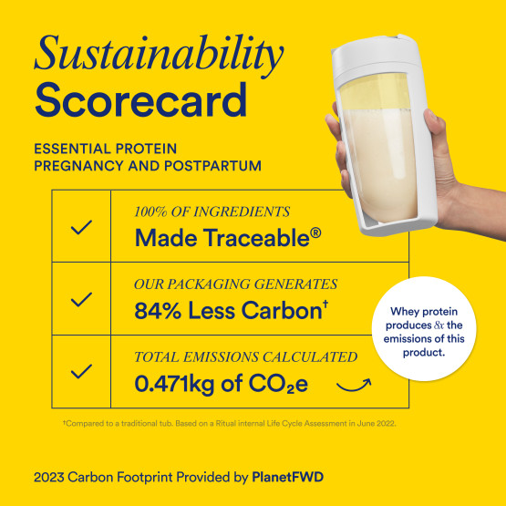 Sustainability scorecard listing the ingredient traceability, packaging sustainability, and carbon footprint for Ritual  Essential Protein Pregnancy & Postpartum
