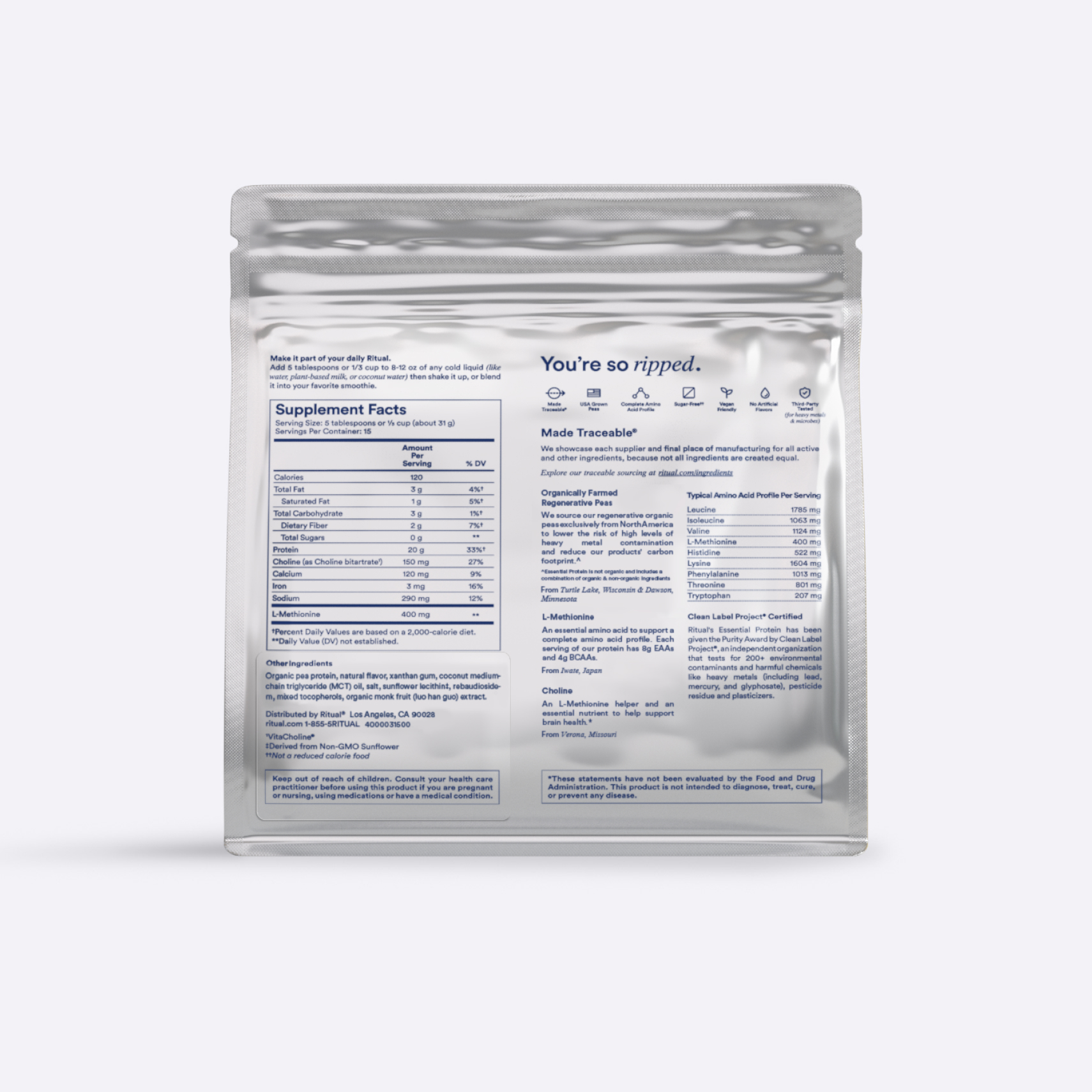 A photo of the back of the Essential Protein Daily Shake package.