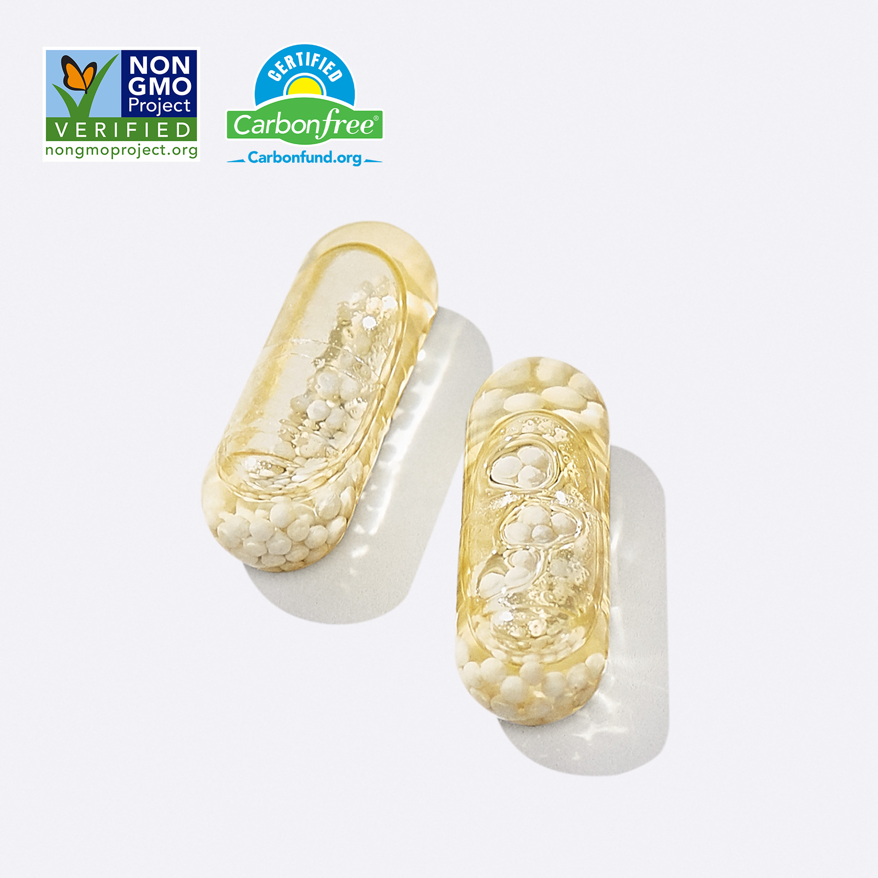 Two multivitamin capsules against a gray backdrop 