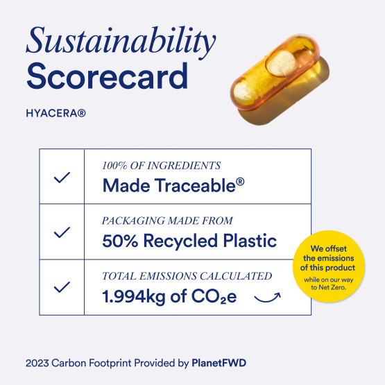 Sustainability scorecard listing the ingredient traceability, packaging sustainability, and carbon footprint for Ritual HyaCera™