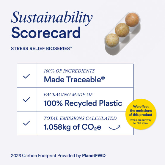 Sustainability scorecard listing the ingredient traceability, packaging sustainability, and carbon footprint for Ritual Stress Relief.