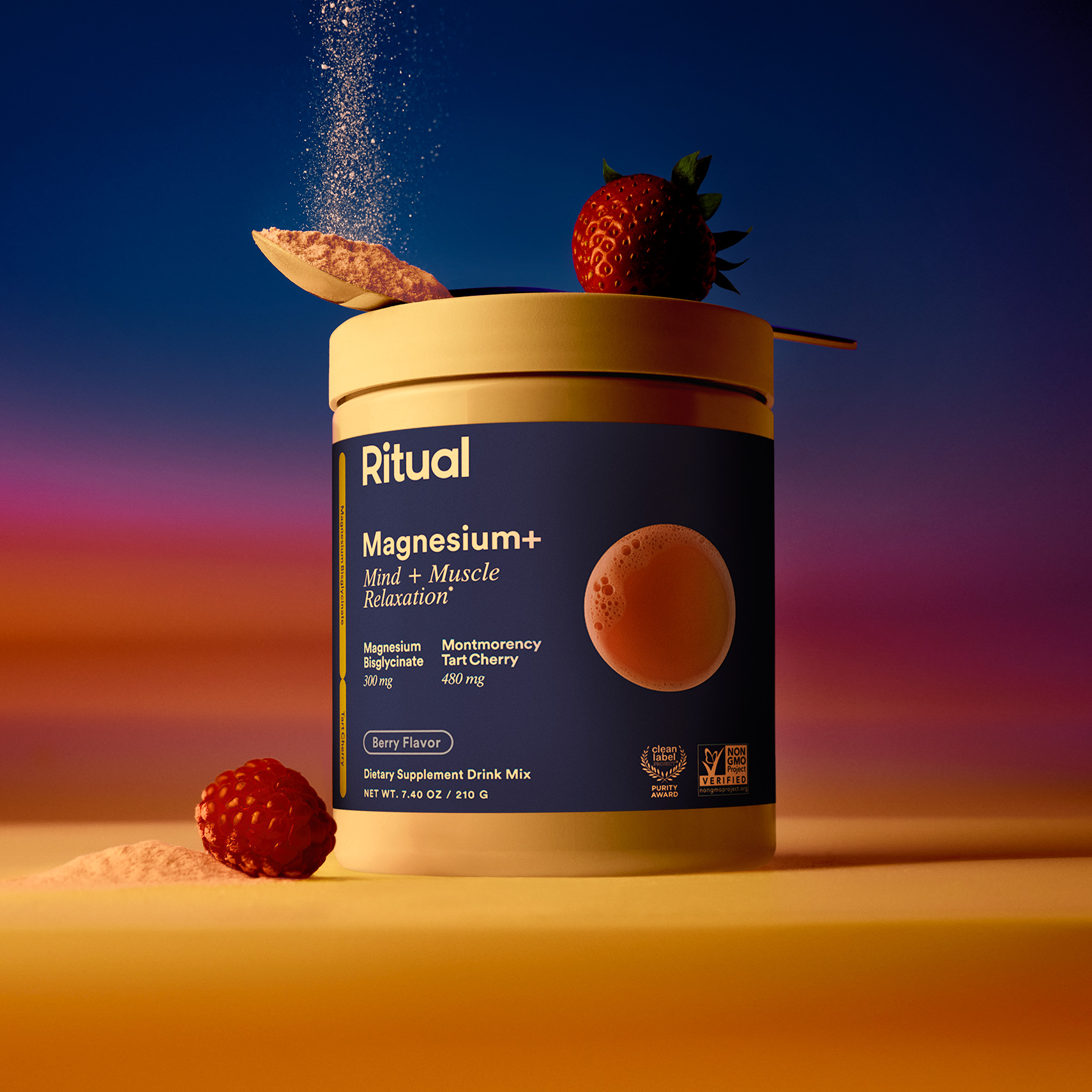 Ritual Magnesium+ container with fruit and powder.