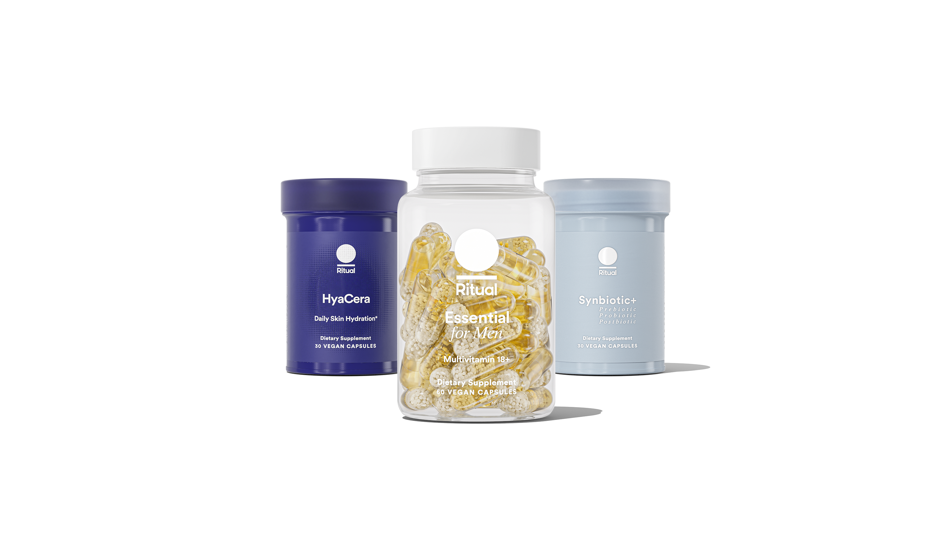 Bottle of Essential for Men 18+, HyaCera™ and Synbiotic+ on a transparent background.