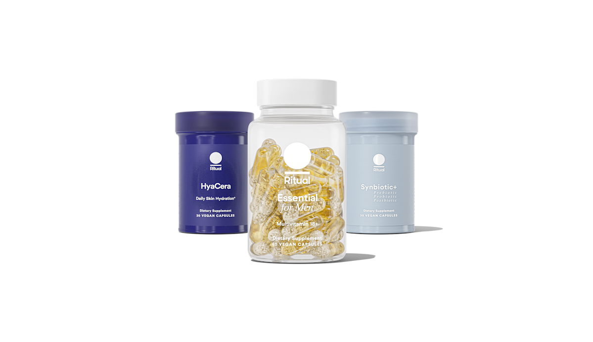 Bottle of Essential for Men 18+, HyaCera™ and Synbiotic+ on a transparent background.