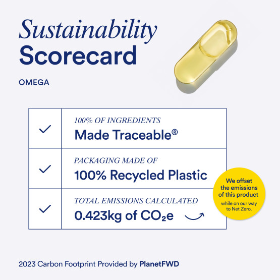 Sustainability scorecard listing the ingredient traceability, packaging sustainability, and carbon footprint for Ritual Omega-3 DHA & EPA.