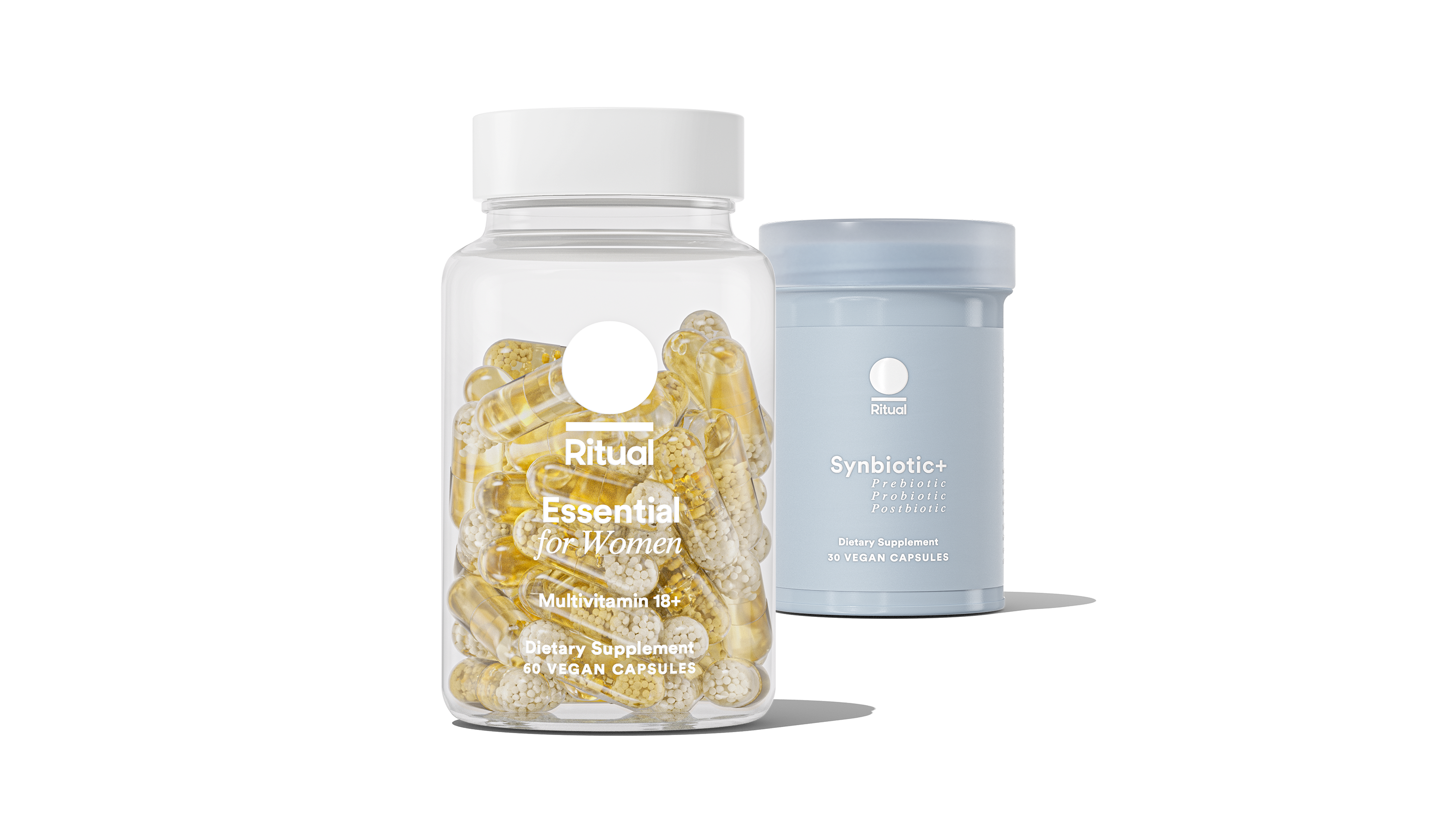 Bottle of Essential for Women 18+ and bottle of Synbiotic+ on a transparent background. 