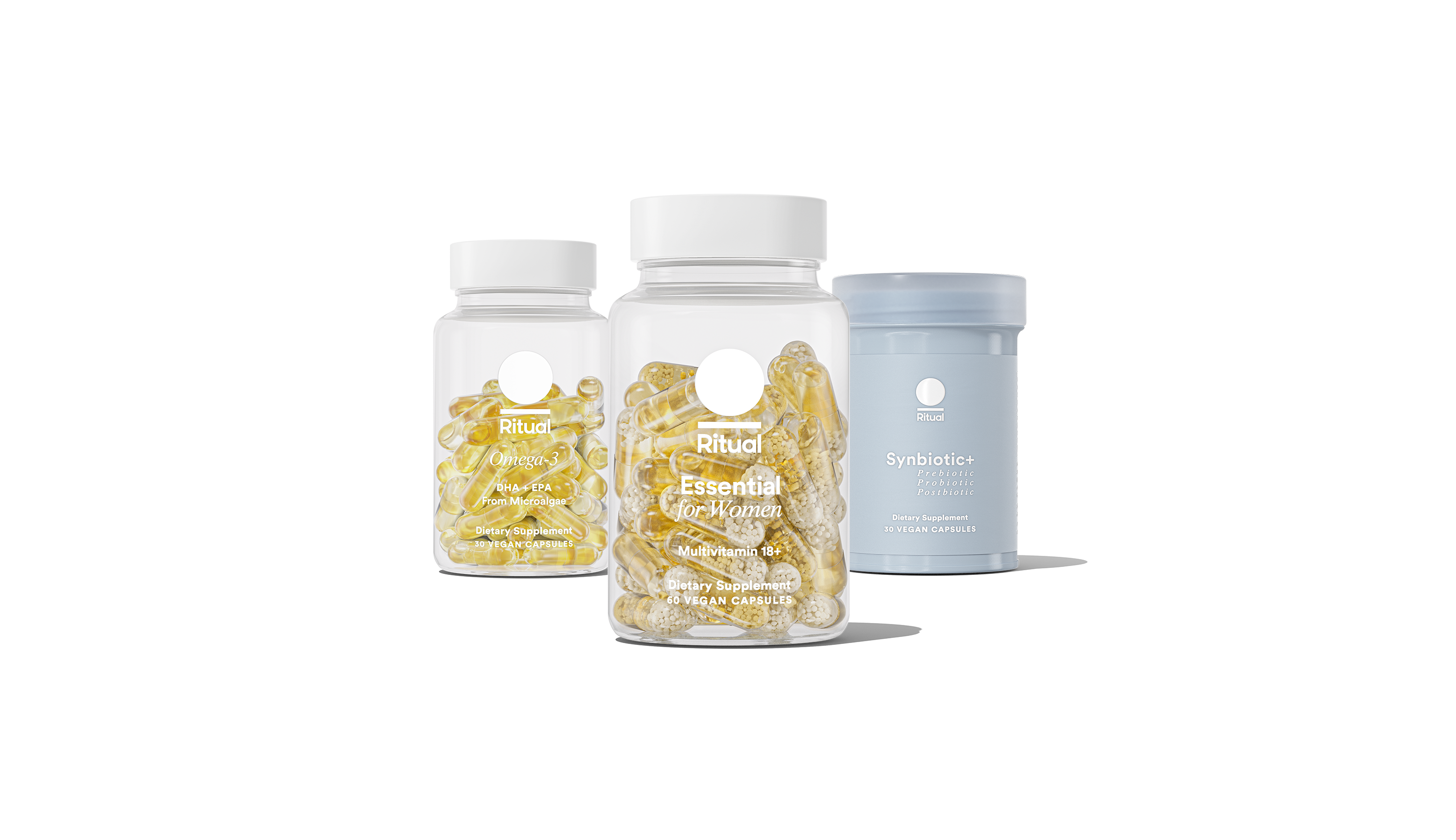 Bottles of Essential for Women 18+, Synbiotic+ and Omega-3 DHA & EPA on a transparent background. 