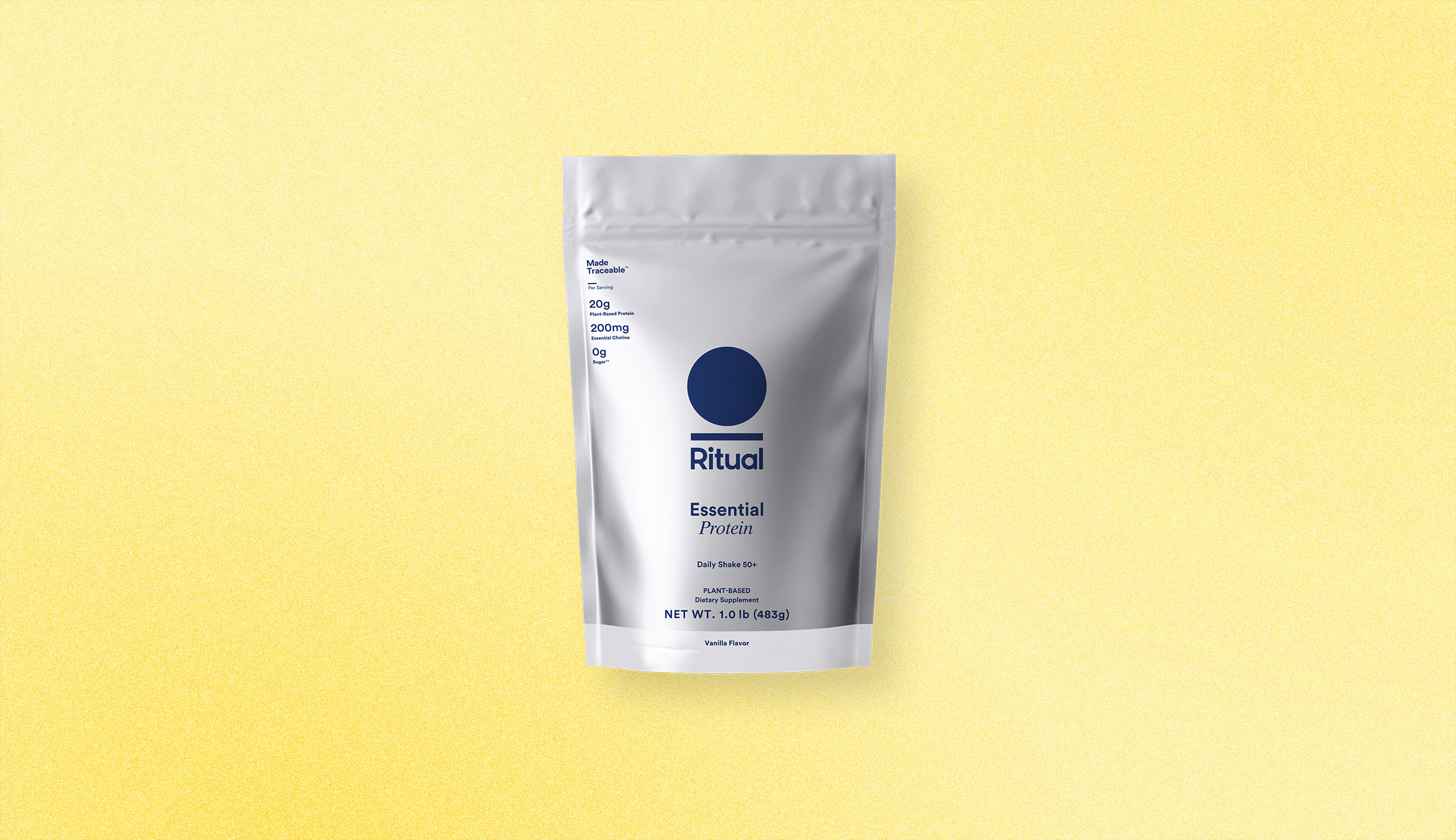 Package of Essential Protein 50+ on a yellow background