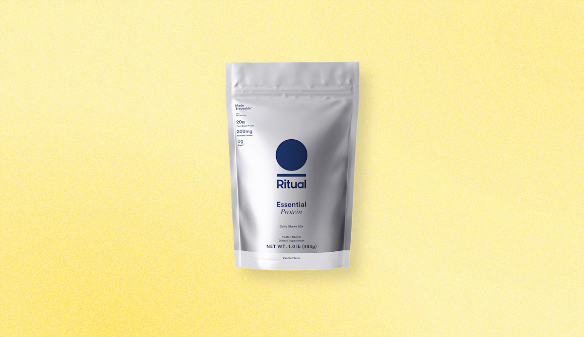 Package of Essential Protein 50+ on a yellow background