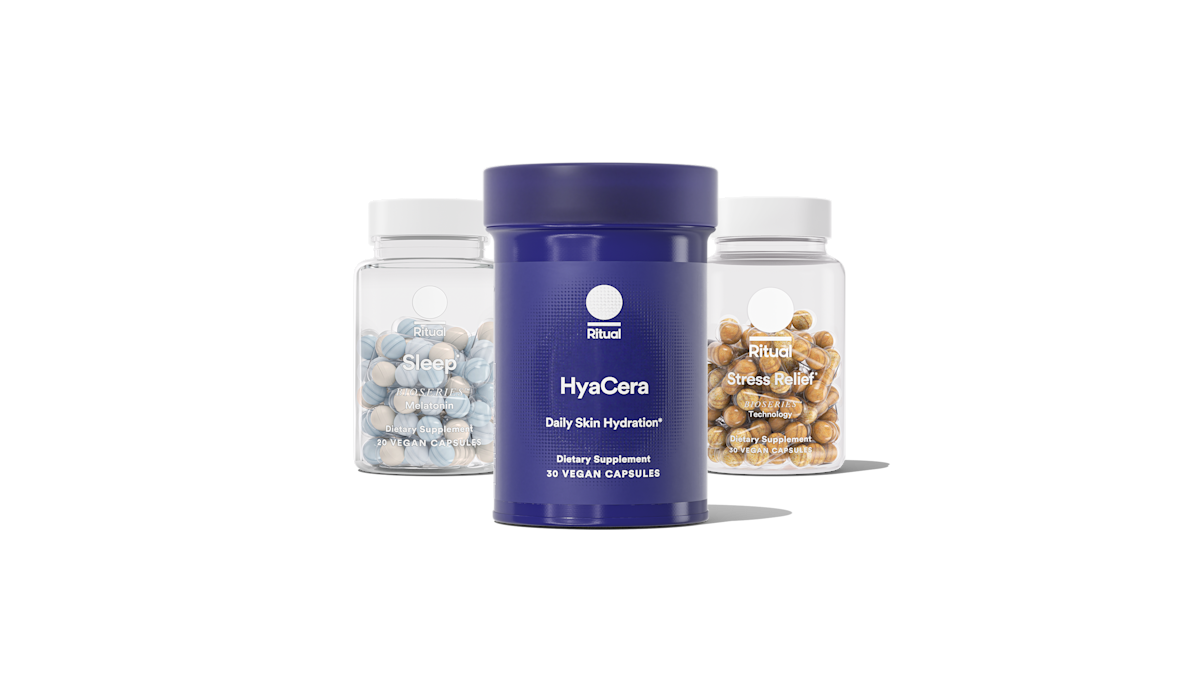 Bottles of HyaCera™, BioSeries™ Melatonin and Stress Relief on a transparent background.