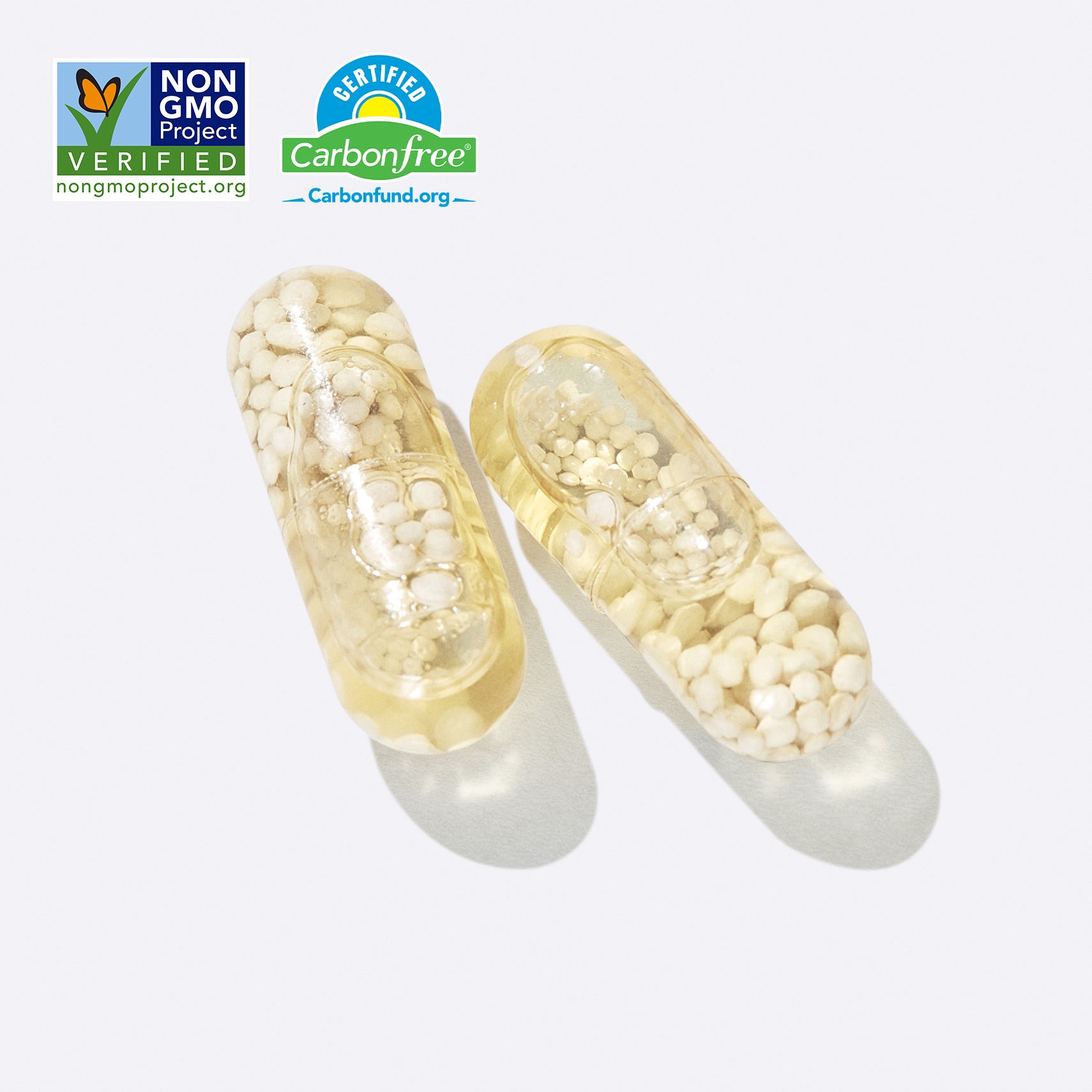 Close-up of Ritual's Essential for Women 50+ capsules with Non-GMO certification