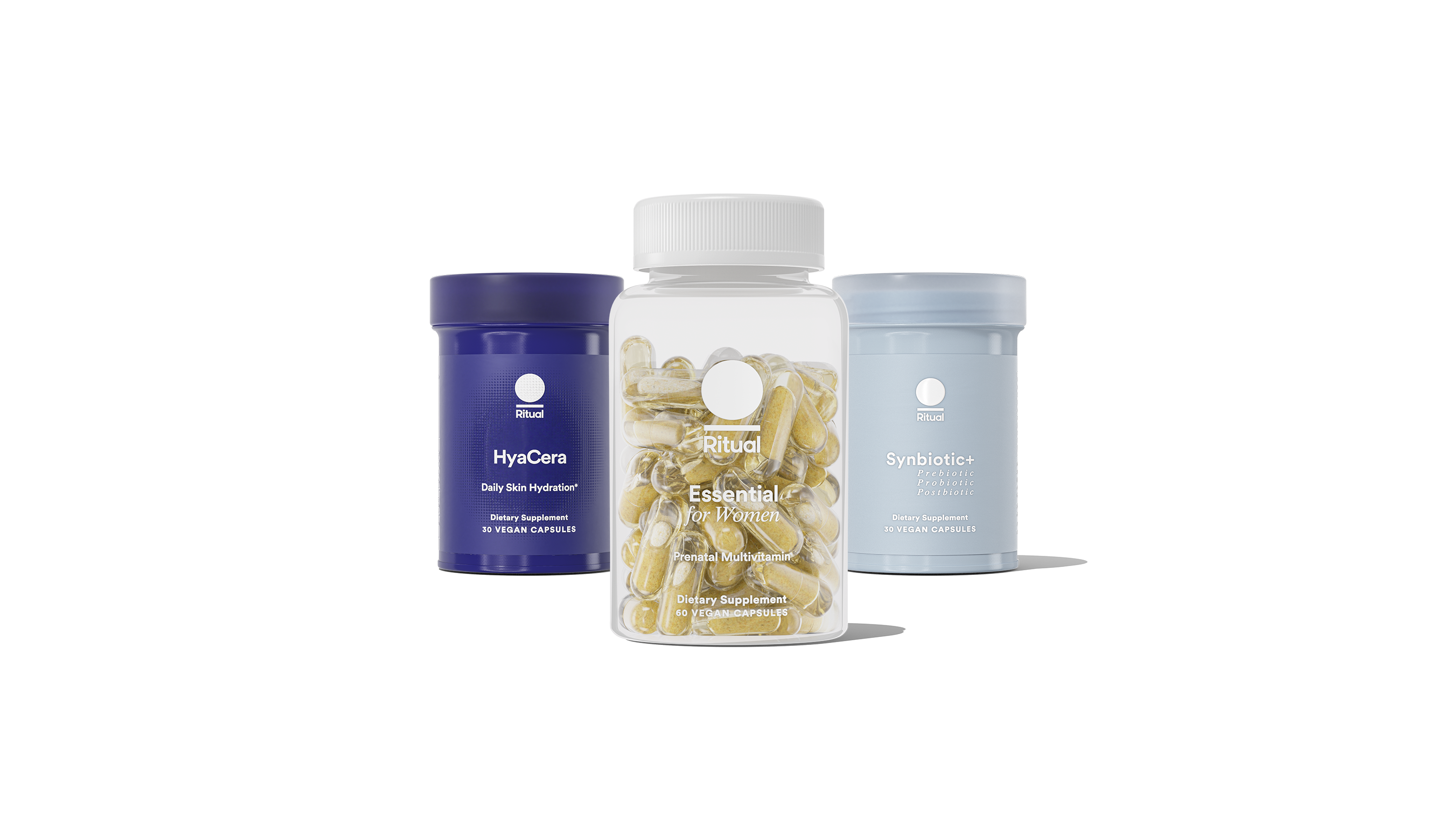 Bottles of Essential Prenatal, Synbiotic+, and HyaCera™ on a transparent background. 