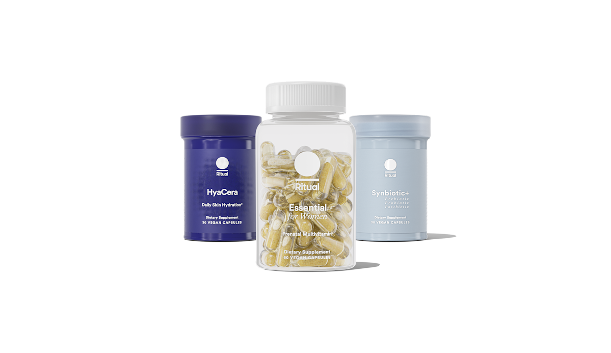 Bottles of Essential Prenatal, Synbiotic+, and HyaCera™ on a transparent background.