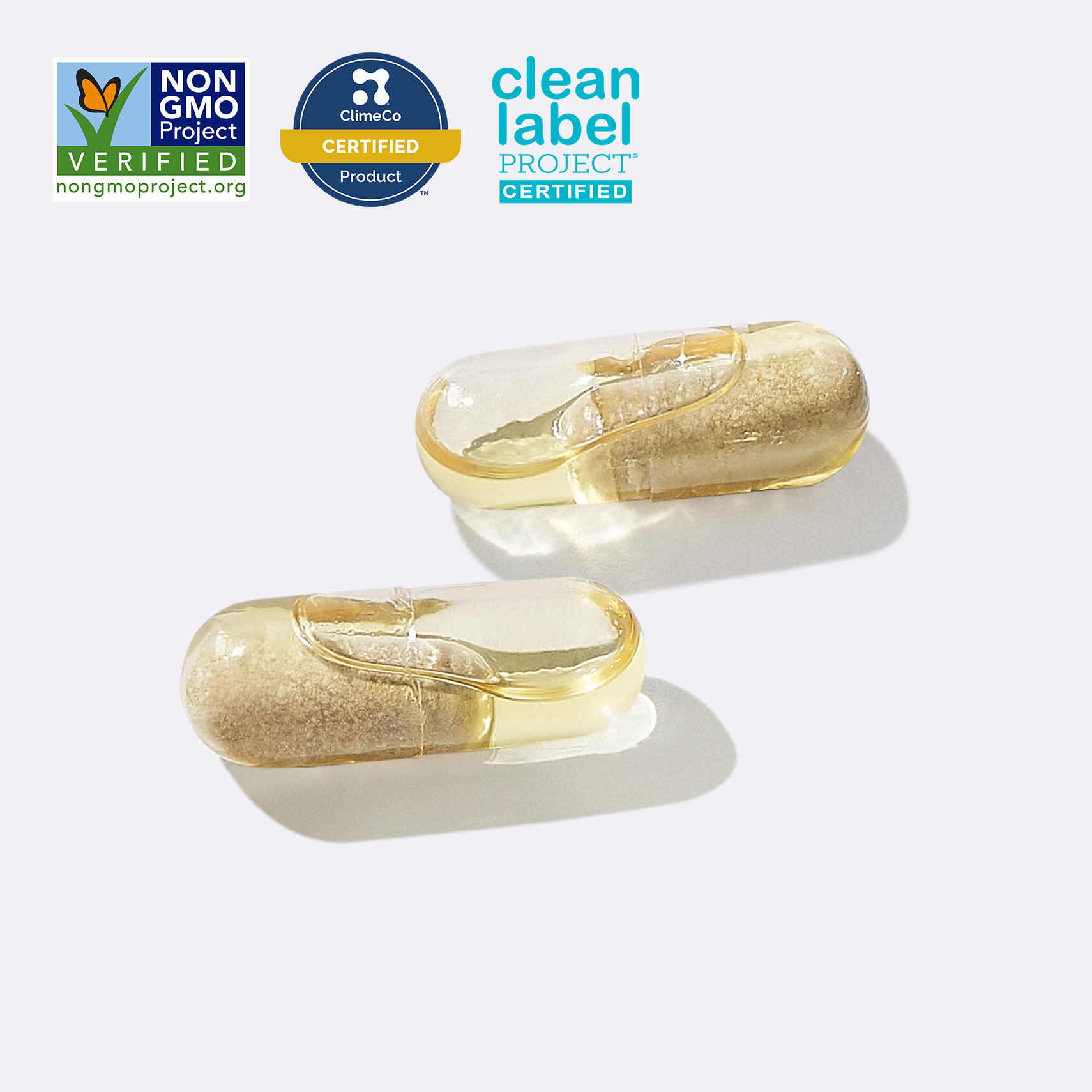 Clear capsules with Non GMO Verified, ClimeCo Certified, and Clean Label Project Certified Badges.