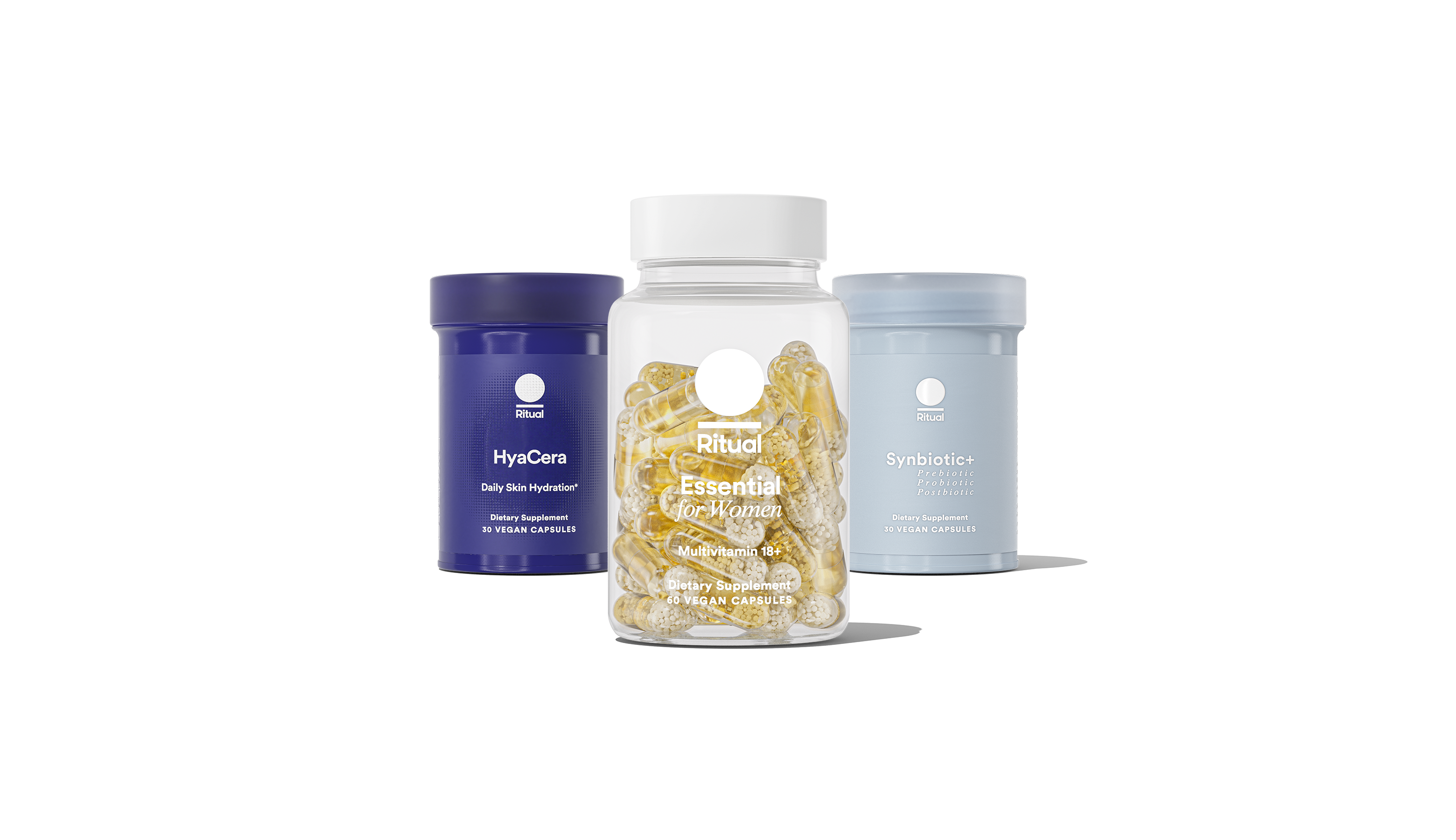 Bottle of Essential for Women 18+, HyaCera™ and Synbiotic+ on a transparent background.