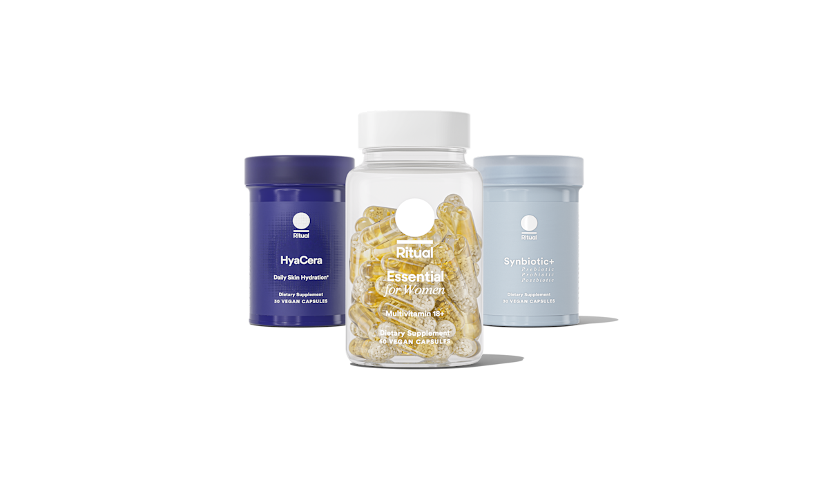 Bottle of Essential for Women 18+, HyaCera™ and Synbiotic+ on a transparent background.