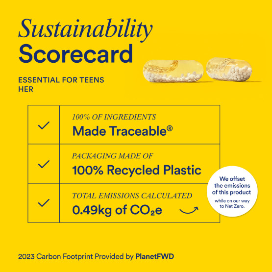Sustainability scorecard listing the ingredient traceability, packaging sustainability, and carbon footprint for Ritual Essential for Teens (Hers)