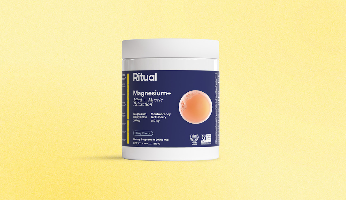 Ritual Magnesium+ container on yellow.