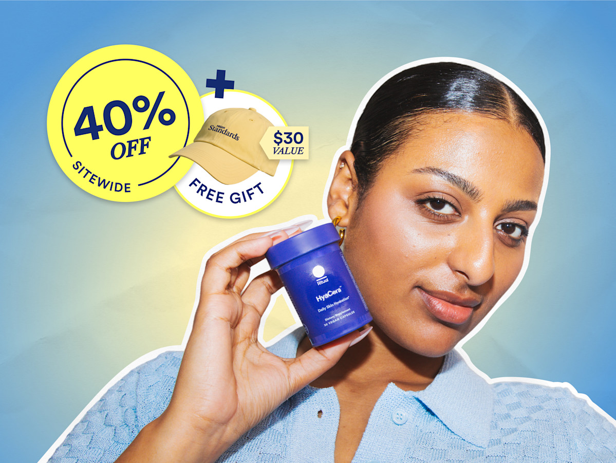 A woman holding a bottle of HyaCera up to her face on a blue background with stickers saying "40% Off Sitewide" and "Free Gift - $30 Value"