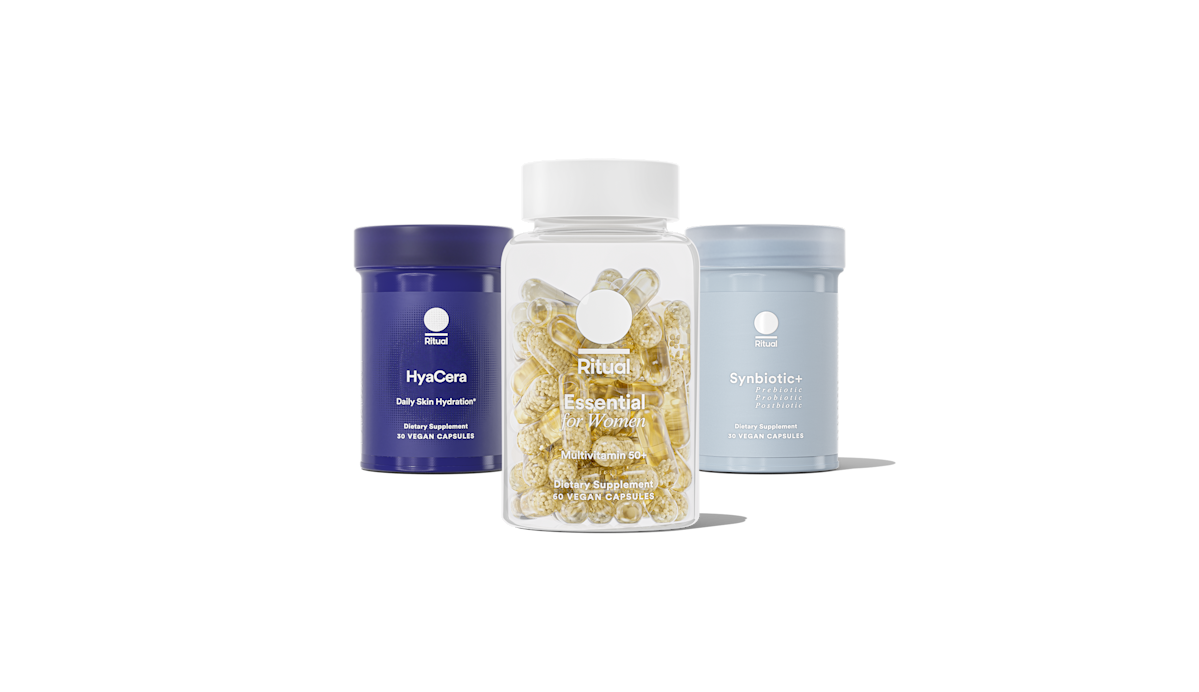 Bottles of Essential for Women 50+, Synbiotic+ and HyaCera™ on a transparent background.
