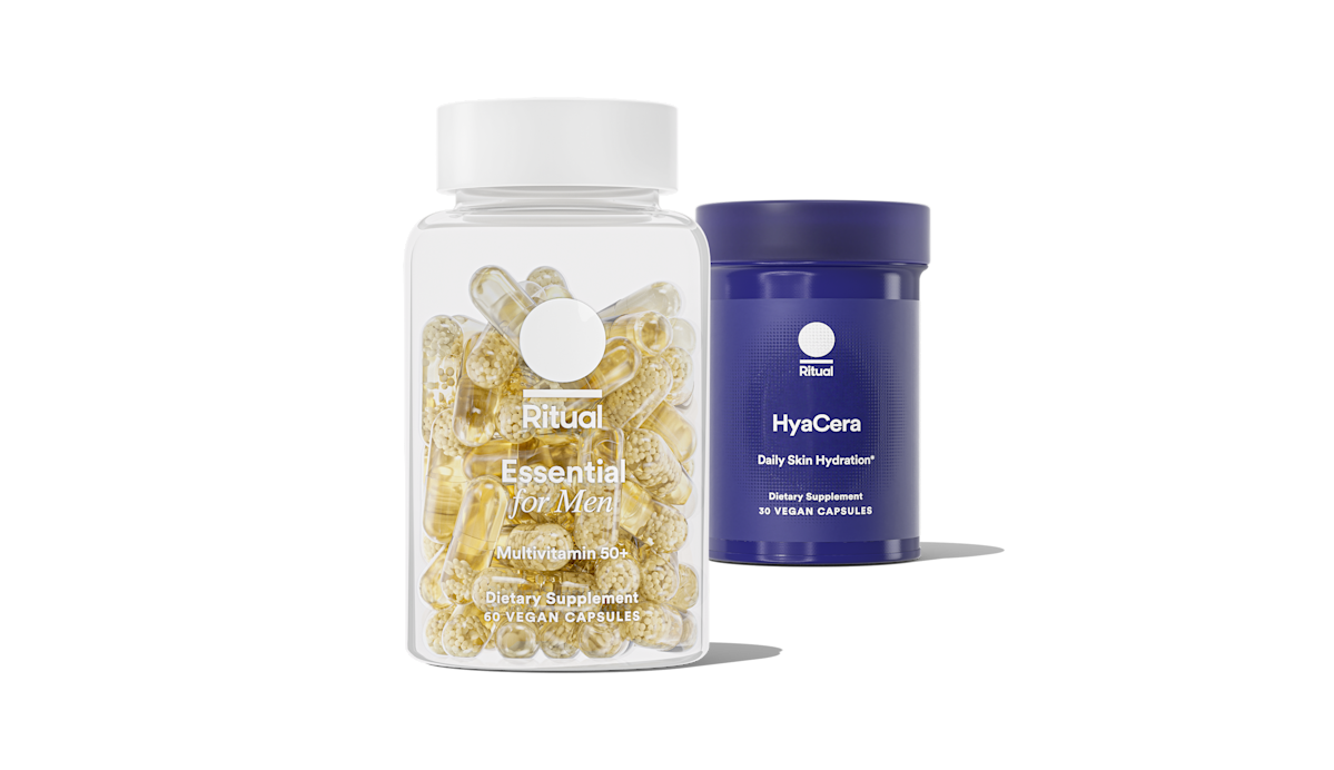 Bottles of Essential for Men 50+ and HyaCera™ on a transparent background.