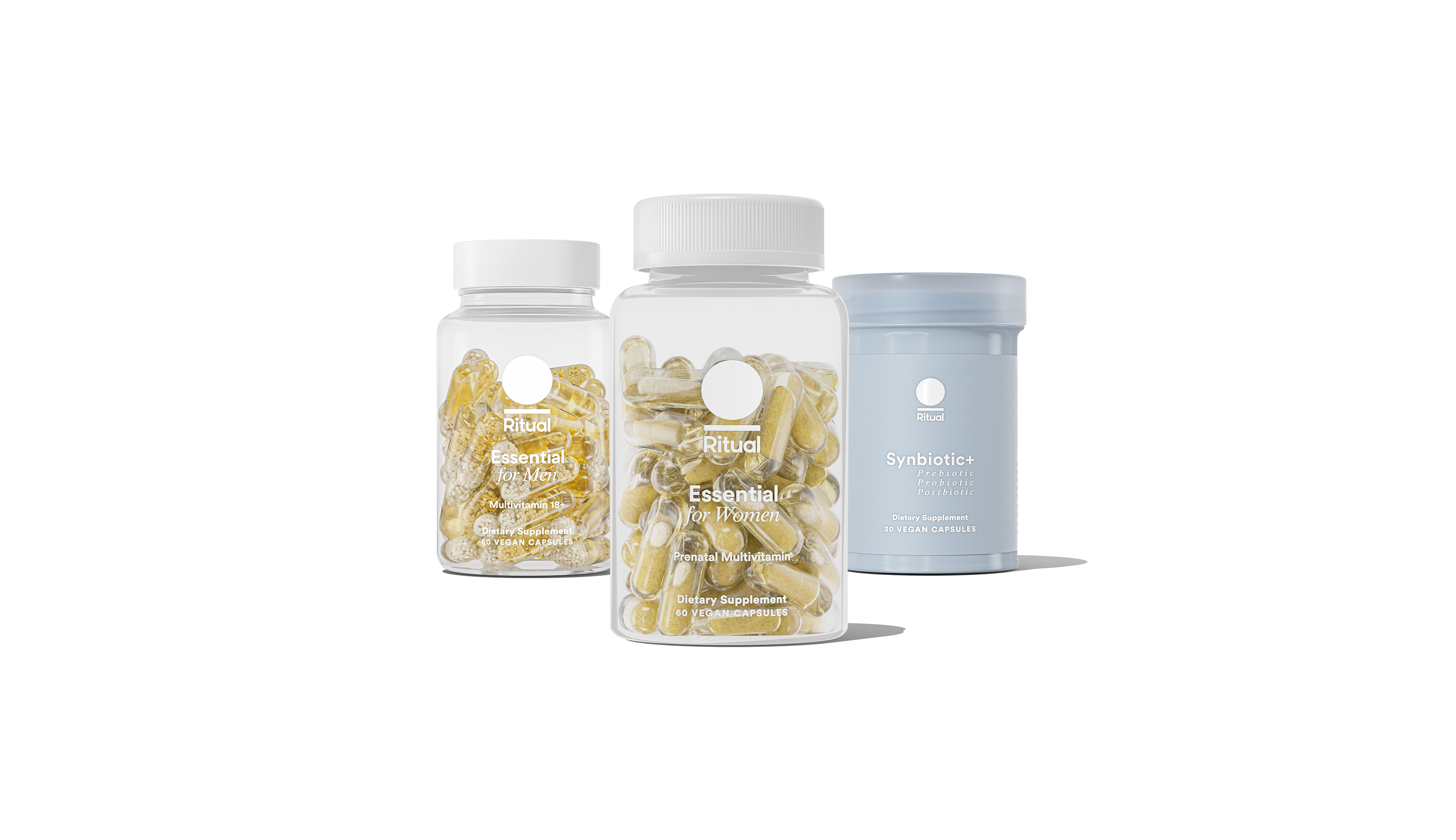 Bottles of Essential Prenatal, Synbiotic+, and Essential for Him 18+ on a transparent background