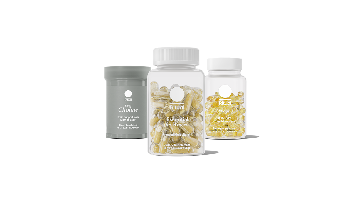 Bottles of Essential Prenatal, Omega-3 DHA & EPA, and Natal Choline on a transparent background.