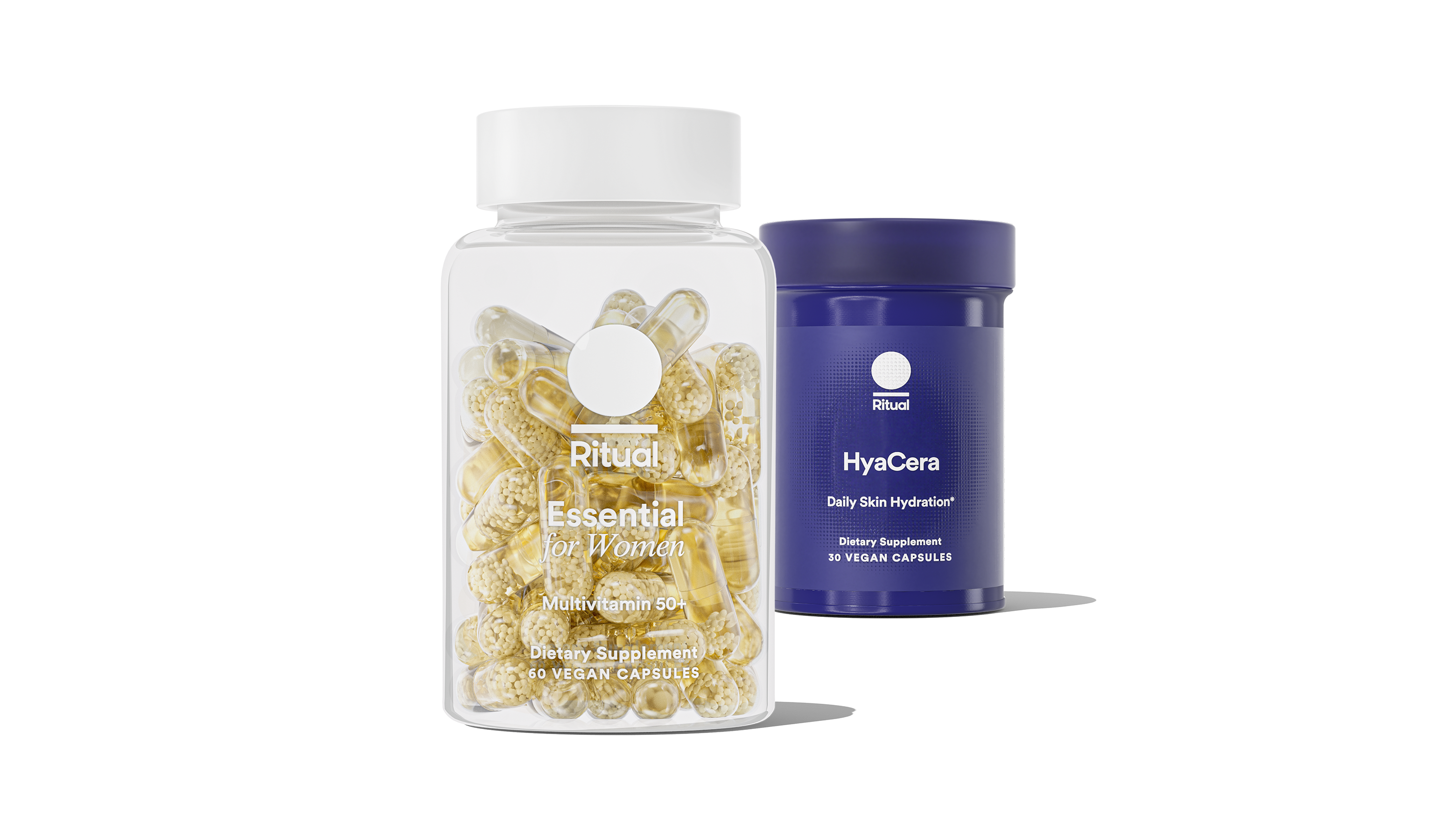 Bottles of Essential for Women 15+ and HyaCera™ on a transparent background. 