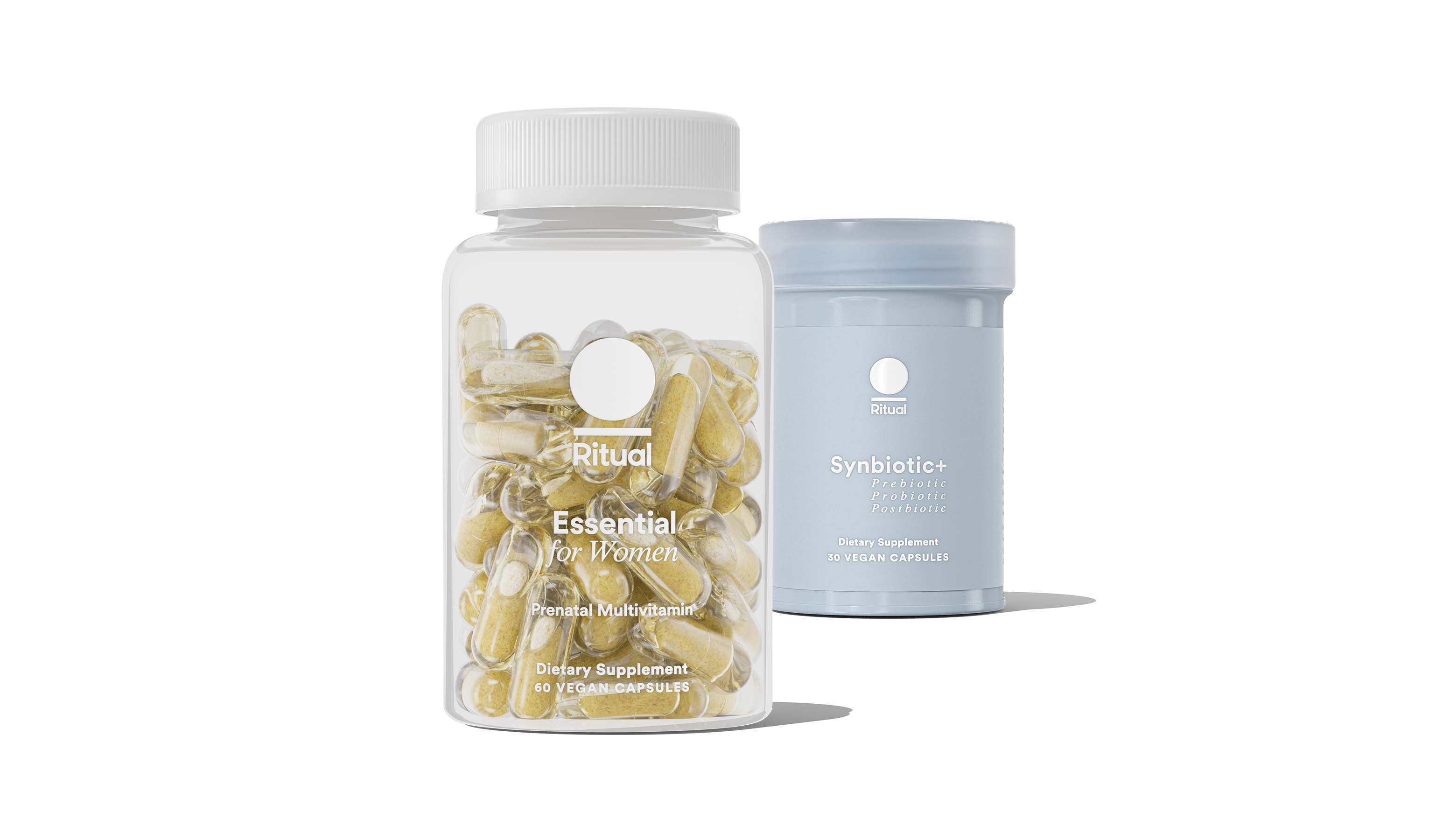 Bottle of Essential Prenatal and Synbiotic+ on a transparent background.