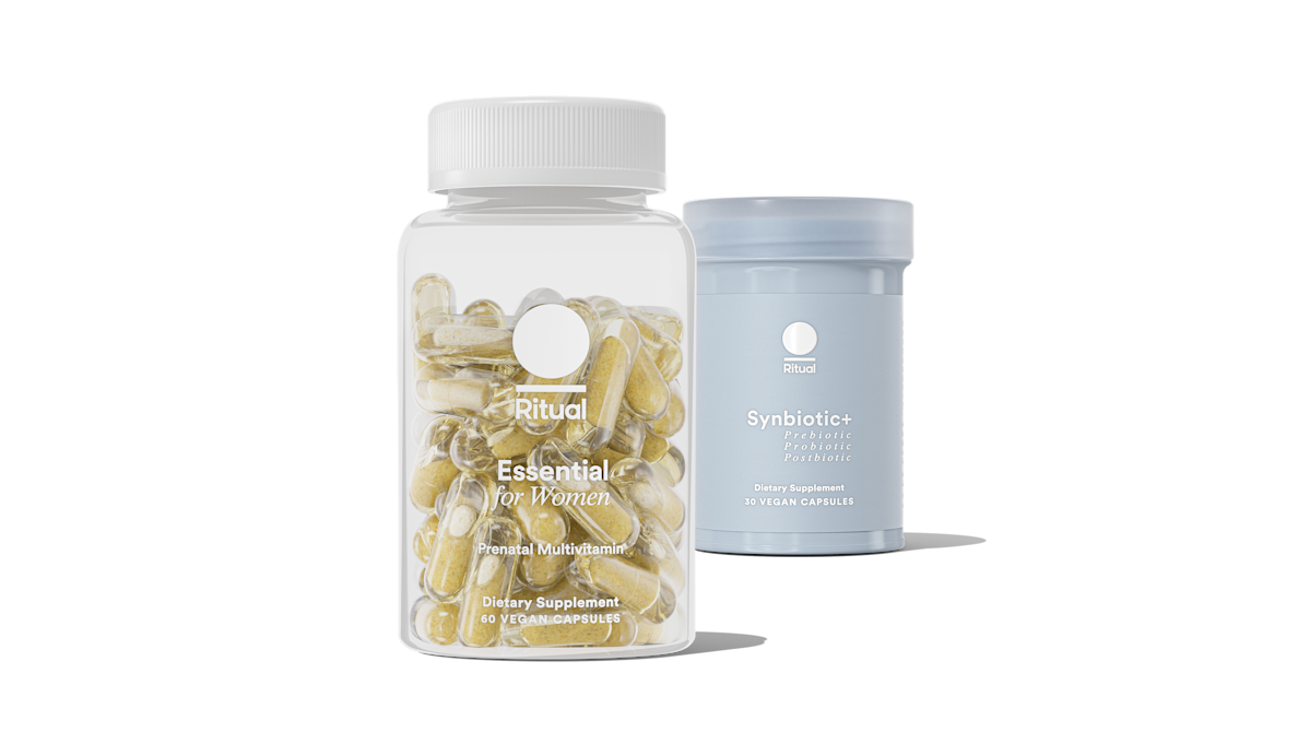 Bottle of Essential Prenatal and Synbiotic+ on a transparent background.