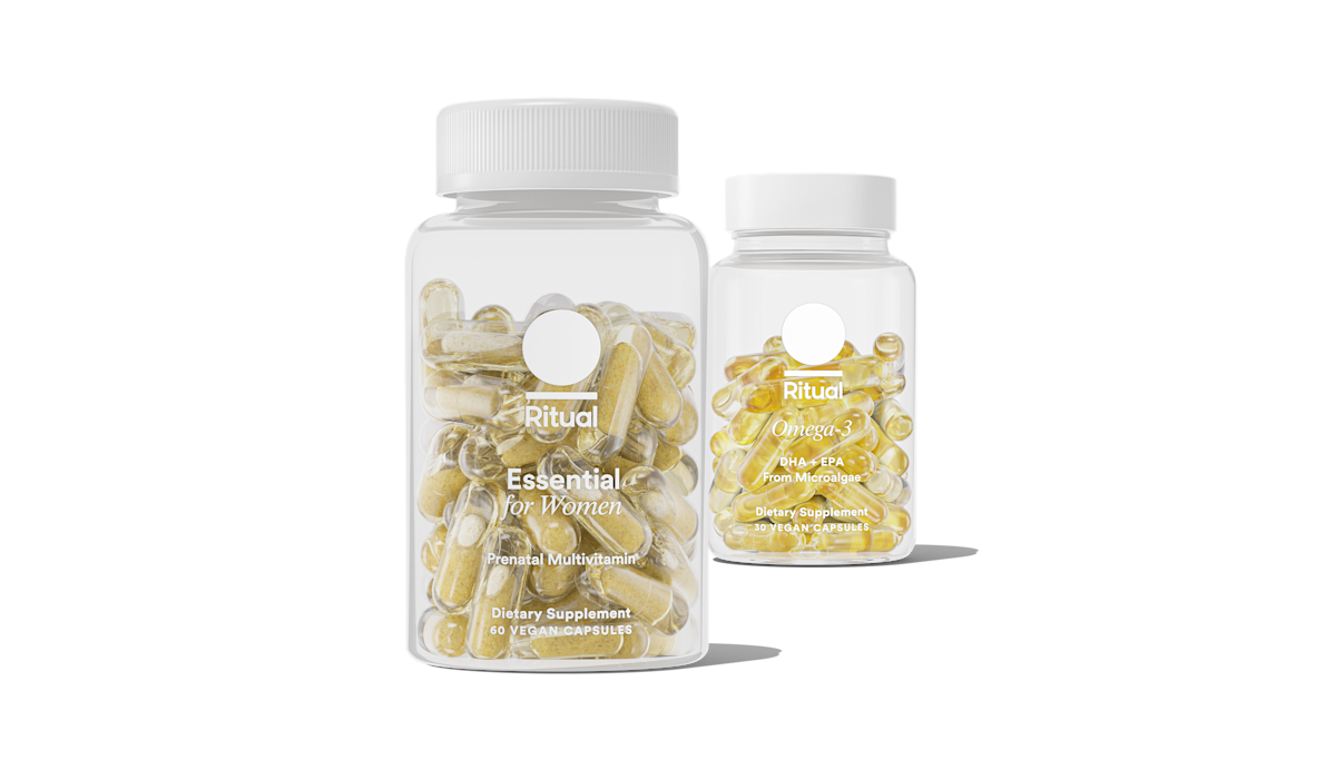 Bottle of Essential Prenatal and Omega-3 DHA & EPA on a transparent background.