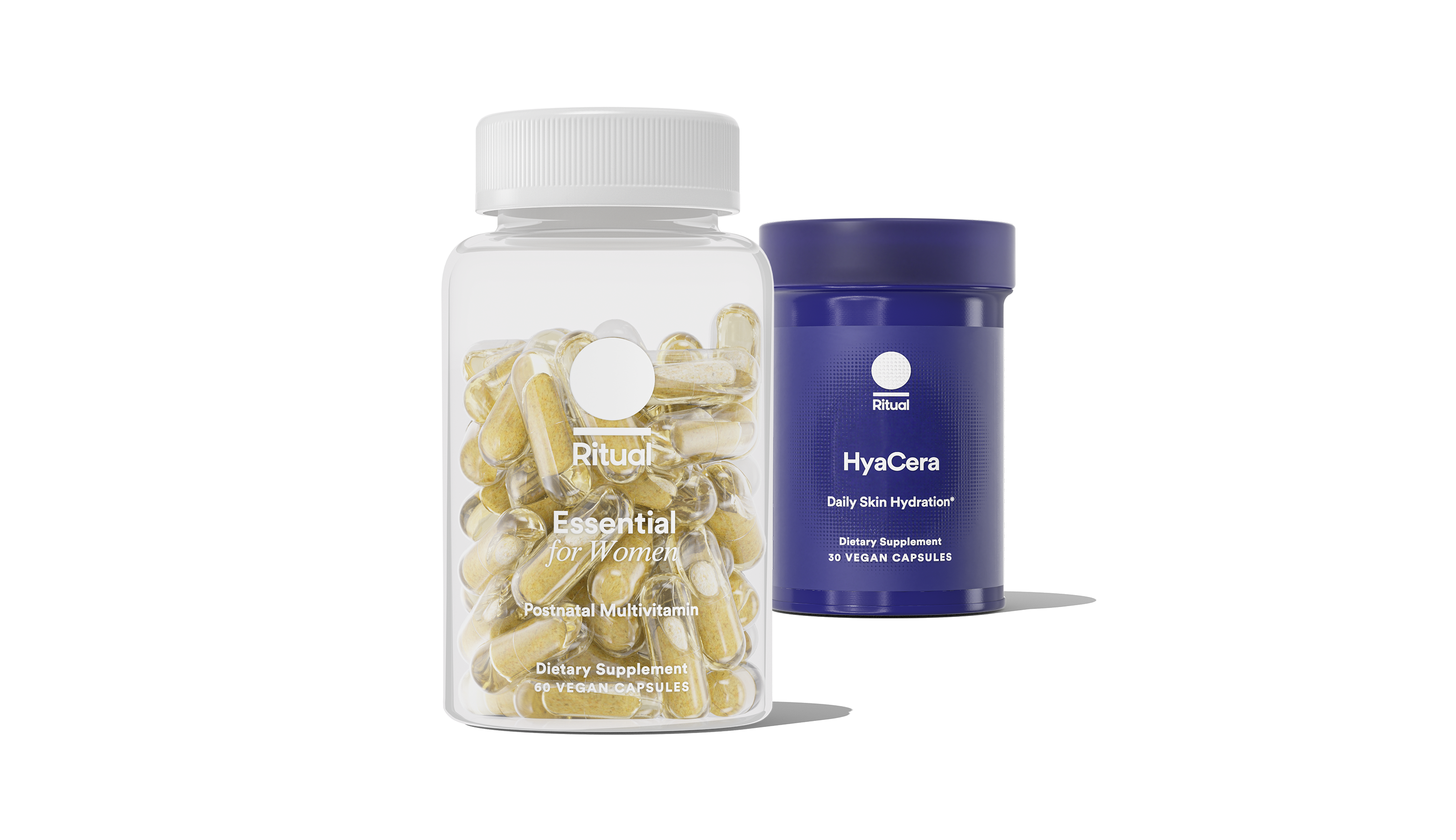 Bottles of Essential Postnatal and HyaCera™ on a transparent background.