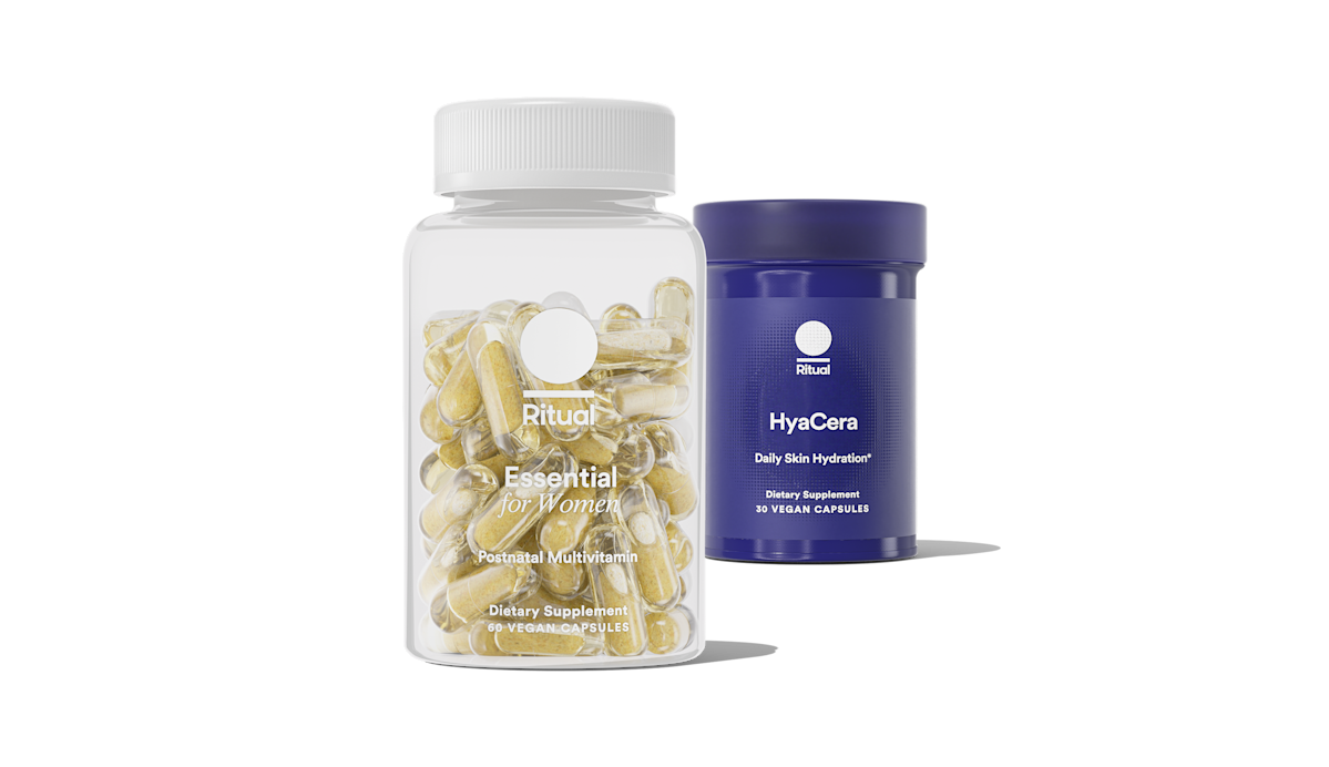 Bottles of Essential Postnatal and HyaCera™ on a transparent background.