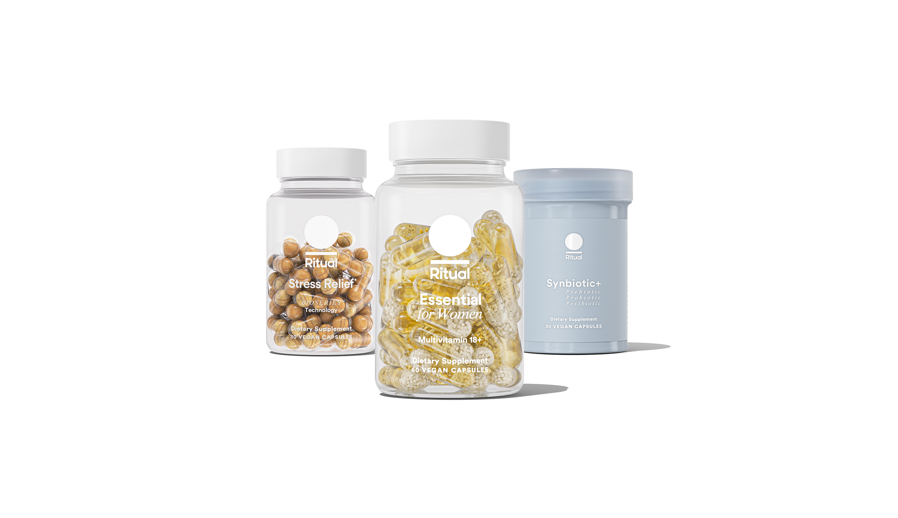 Three bottles - EFW18+, Synbiotic+, and Stress Relief