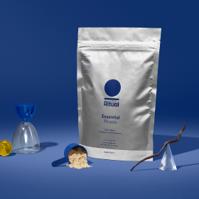 Ritual protein package against a blue backdrop