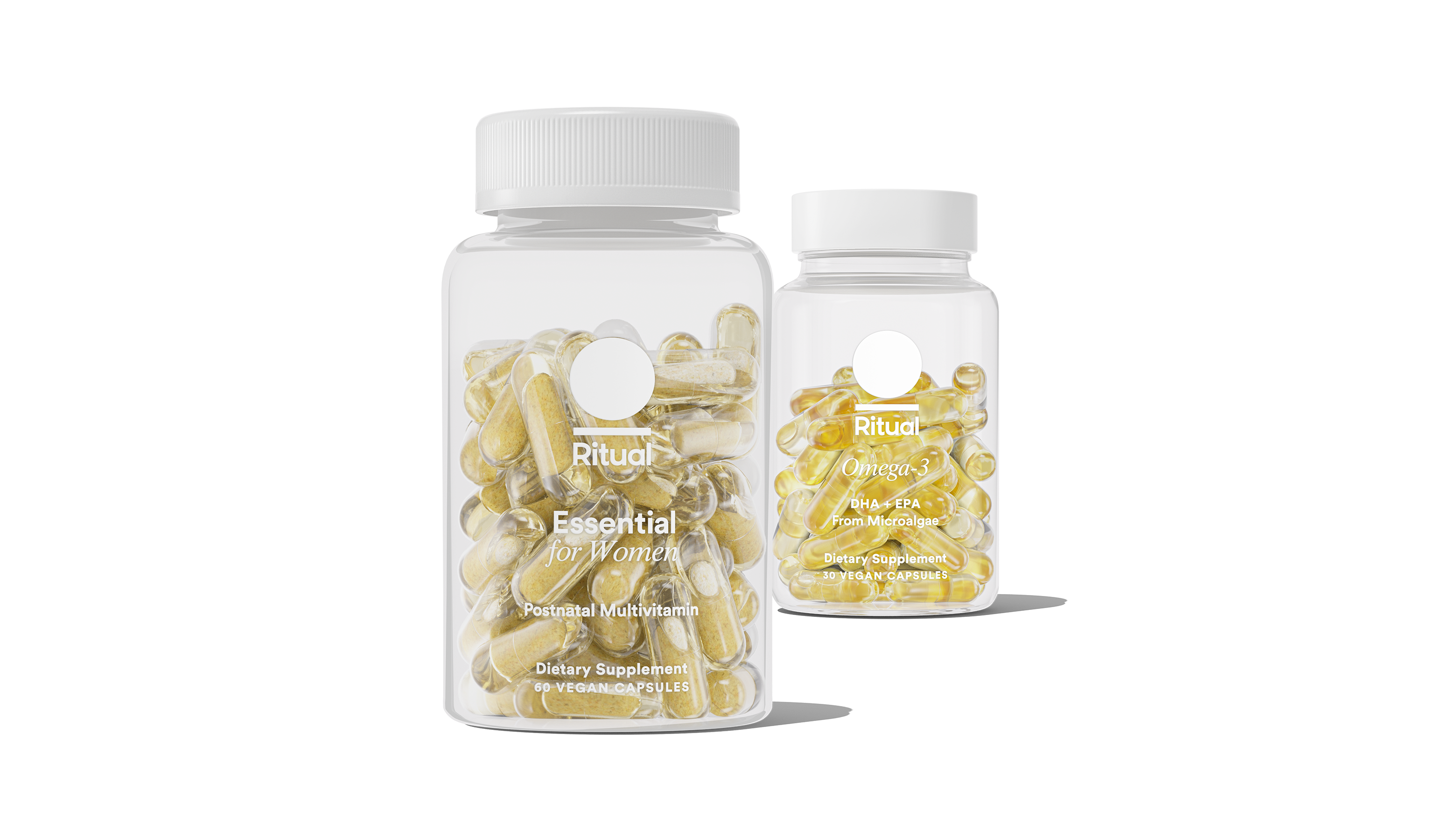 Bottles of Essential Postnatal and Omega-3 DHA & EPA on a transparent background.