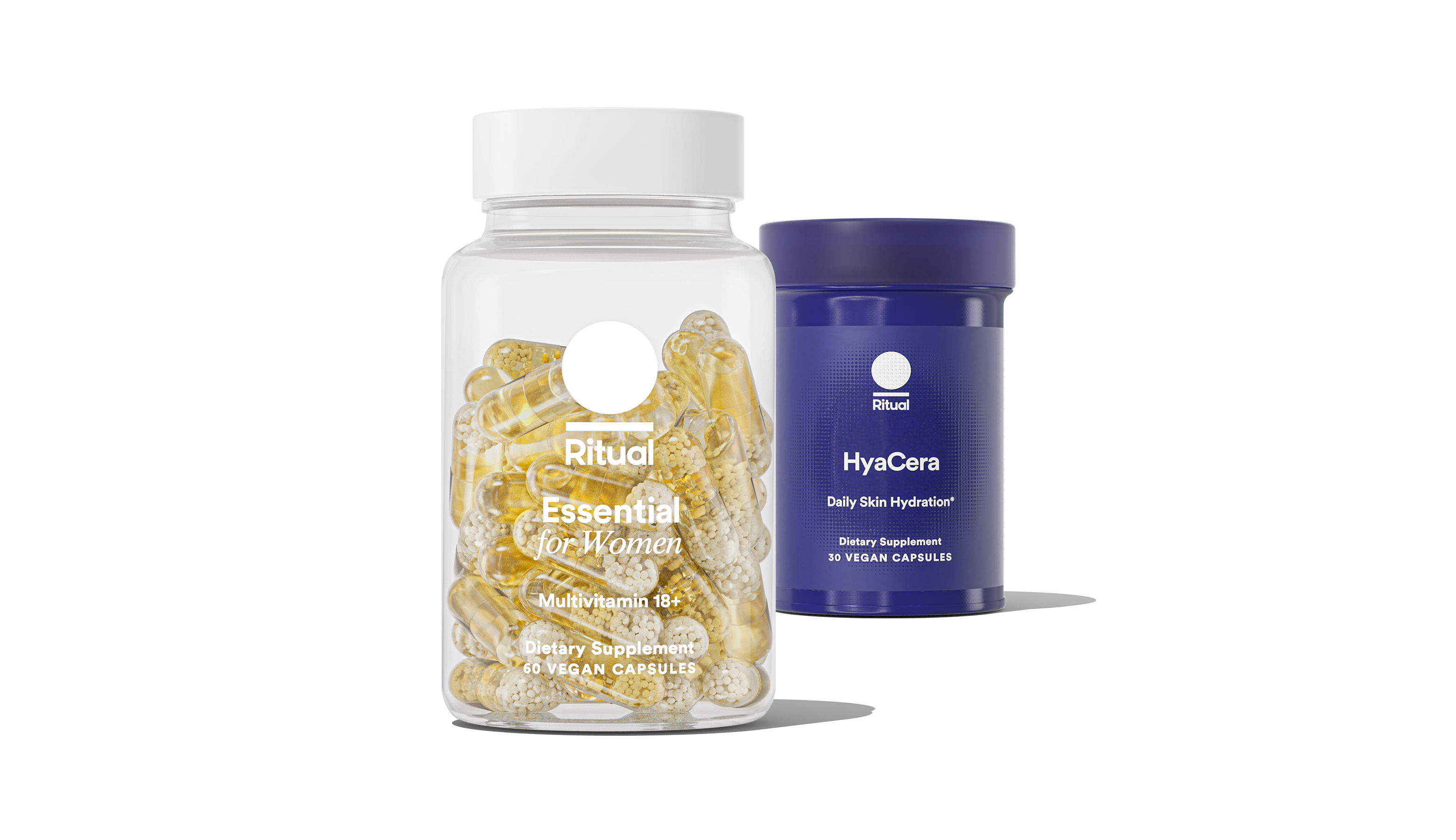 A bottle of Essential for Women 18+ and bottle of HyaCera.