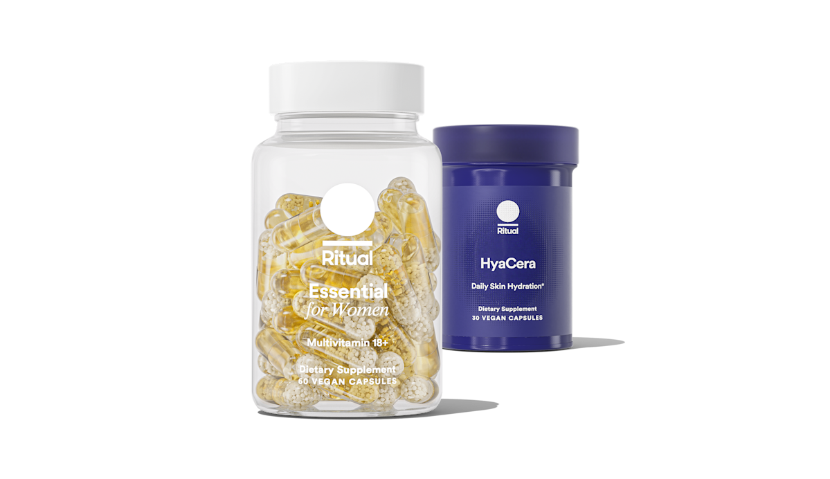 A bottle of Essential for Women 18+ and bottle of HyaCera.