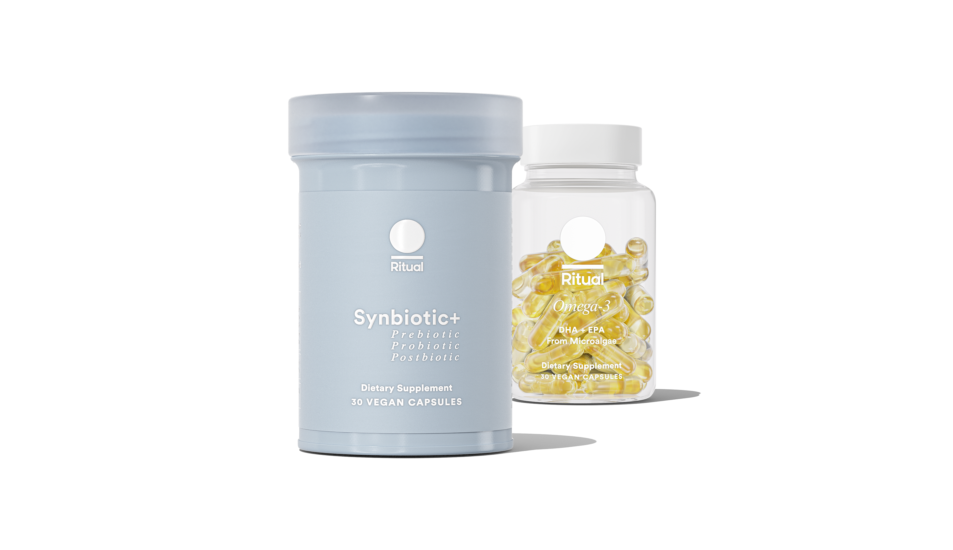 Bottle of Omega-3 DHA & EPA with a bottle of Synbiotic+ on a transparent background. 