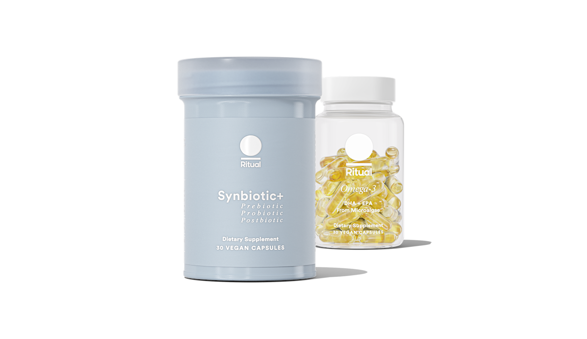 Bottle of Omega-3 DHA & EPA with a bottle of Synbiotic+ on a transparent background.