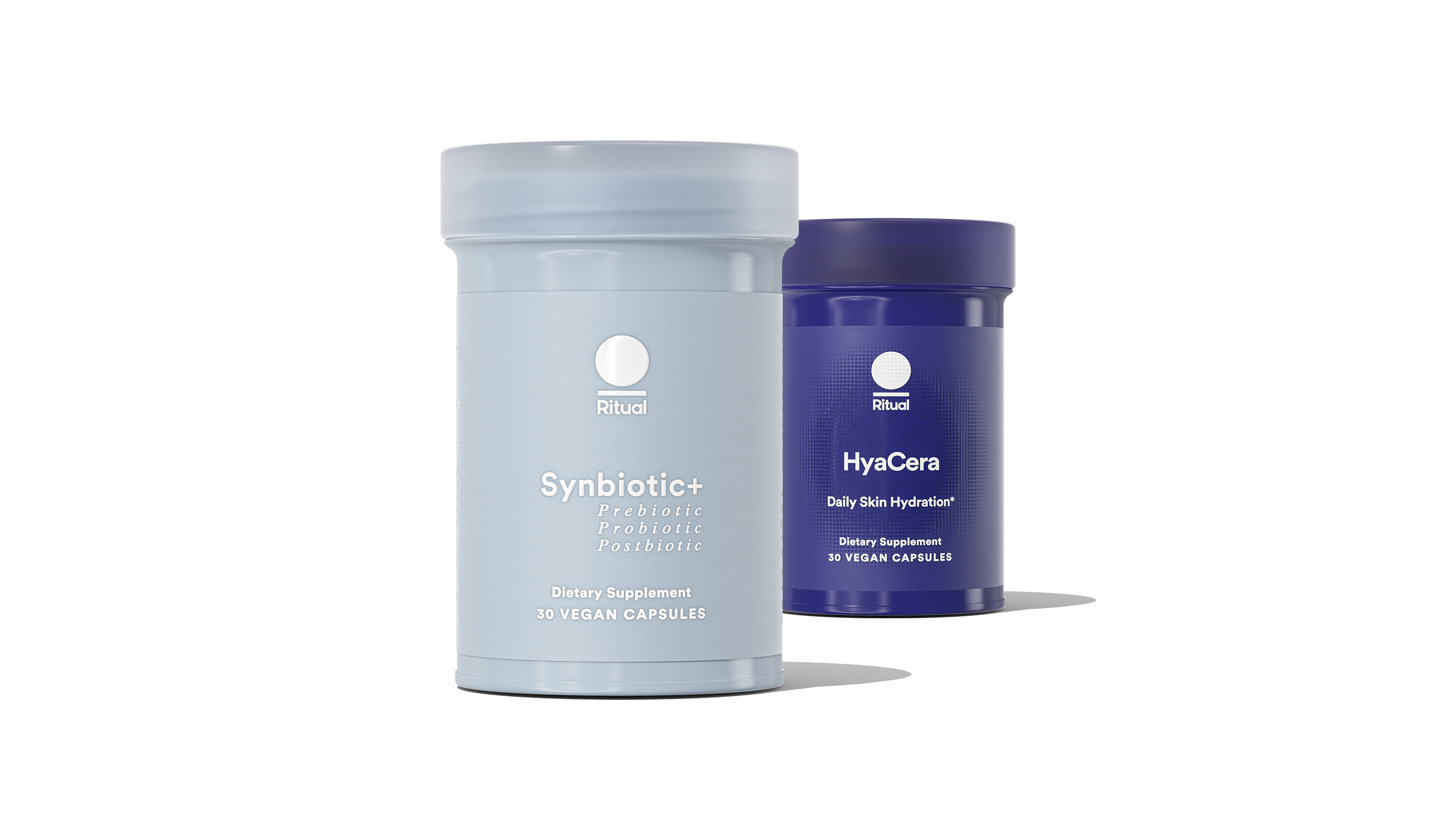 Bottles of HyaCera and Synbiotic+ on a transparent background. 