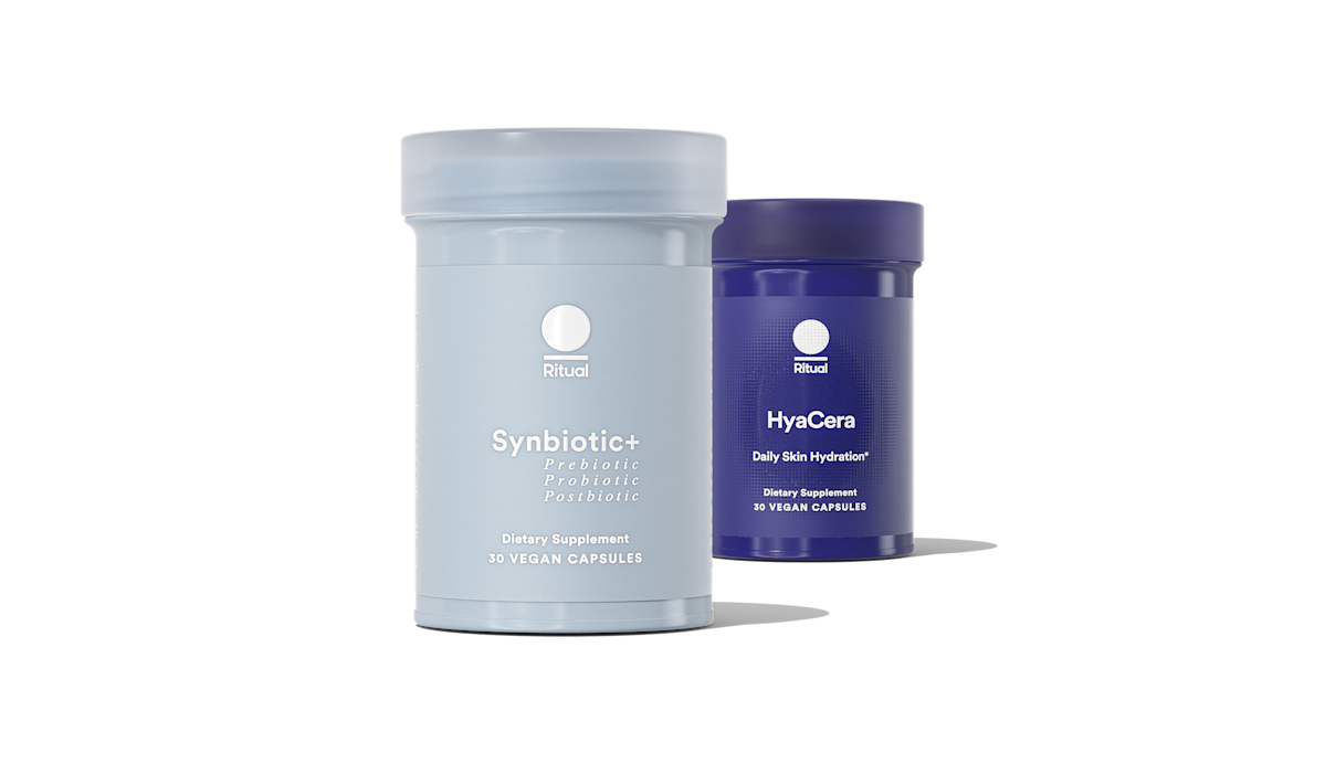 Bottles of HyaCera and Synbiotic+ on a transparent background.