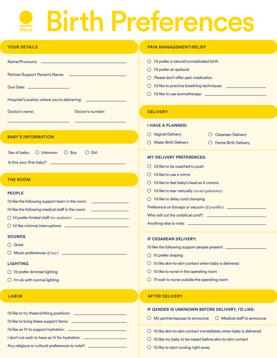Ritual Birth Plan Template to fill out for expecting mothers and parents.